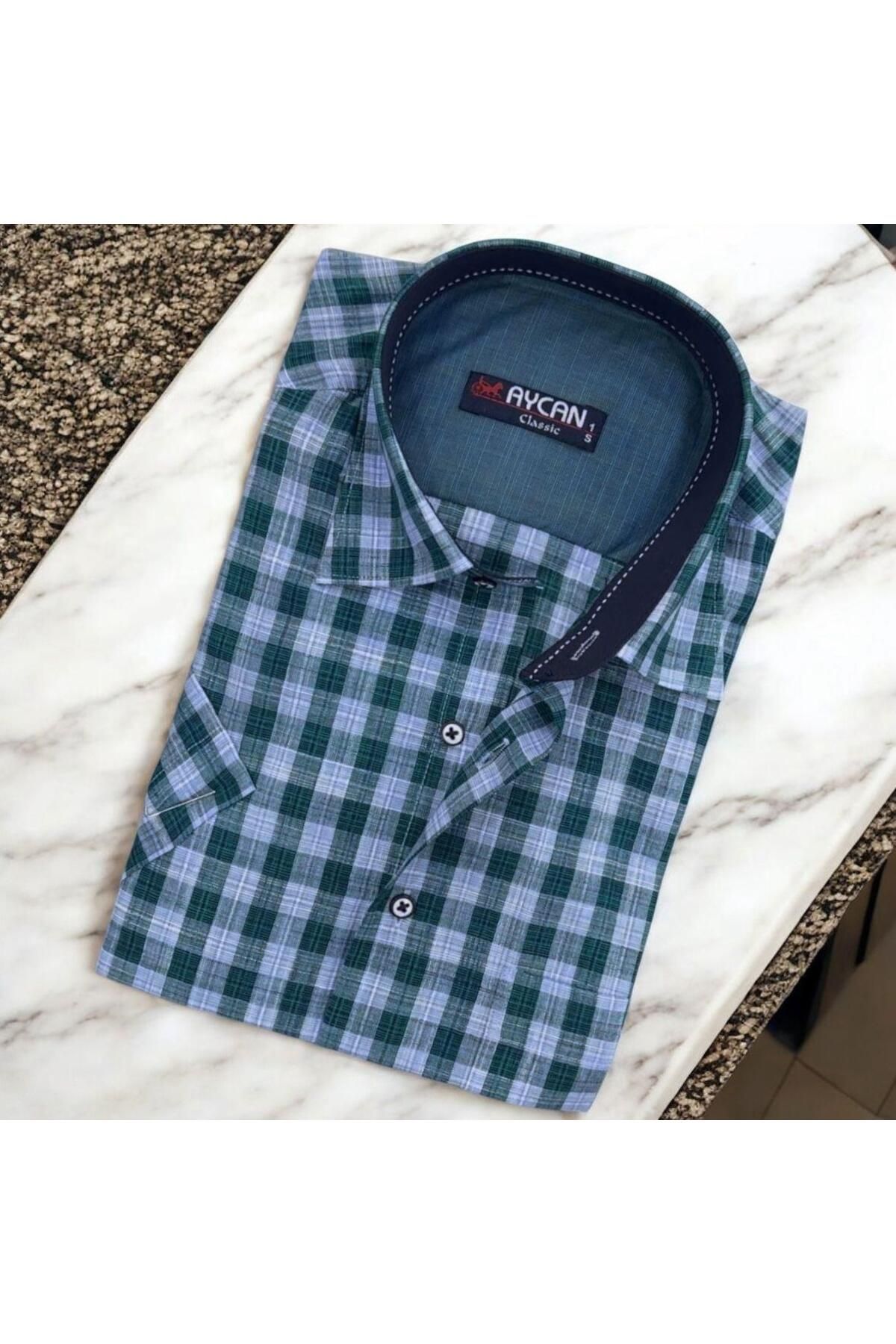 EREN STYLE Linen Keten Klasik Kısa Kollu Yeşil Gömlek (Regular Kalıp)