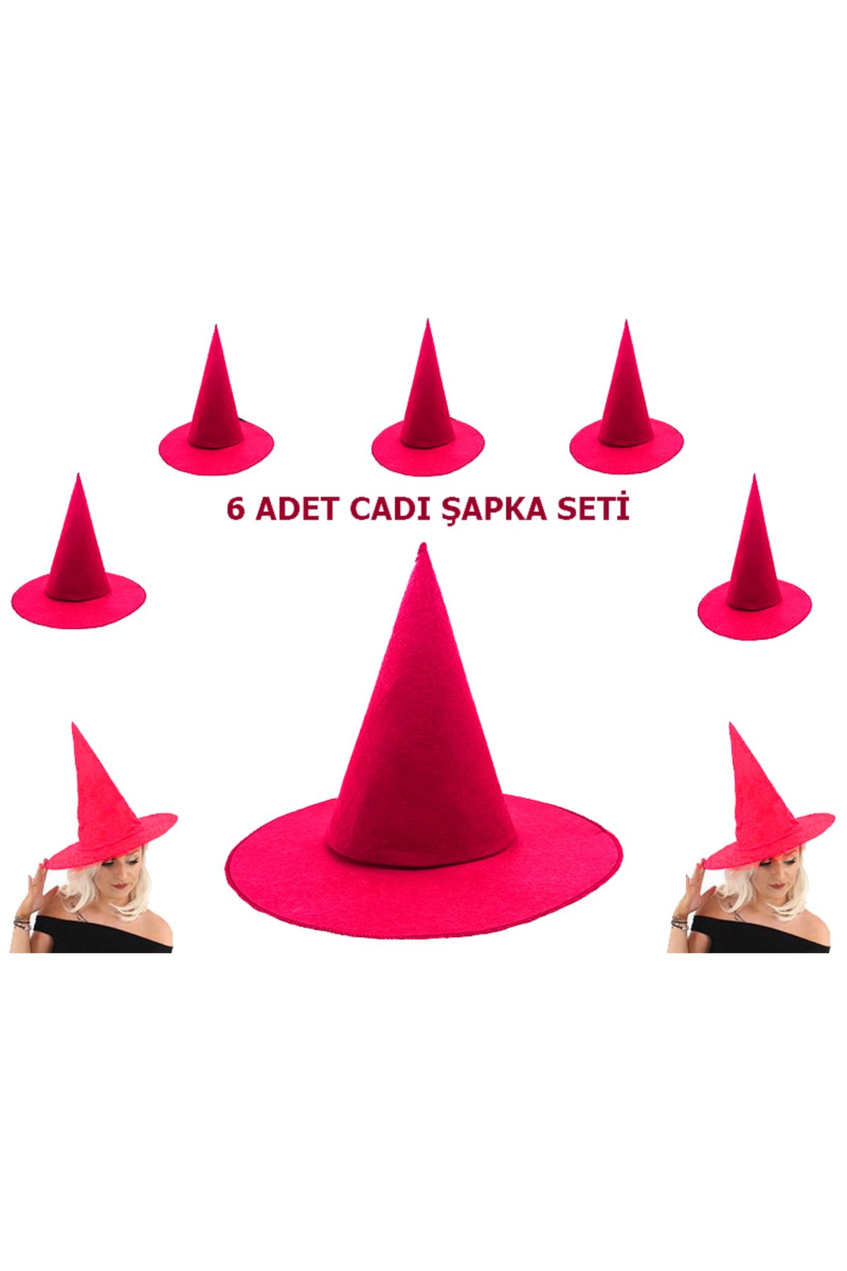 Avantaj Kapıda ® Pembe Fuşya Cadı Şapkası Renk Keçe Yetişkin Çocuk Uyumlu 6 Adet