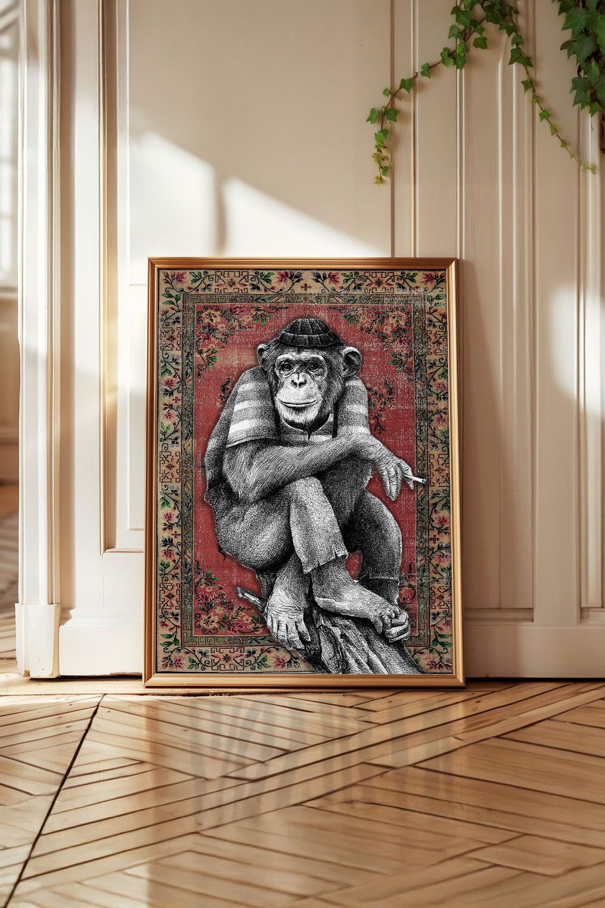 Huca İran Halısı ve Maymun - Halı Poster - Üzerine Resim Yapılmış Halı - Vintage - Boho - Retro