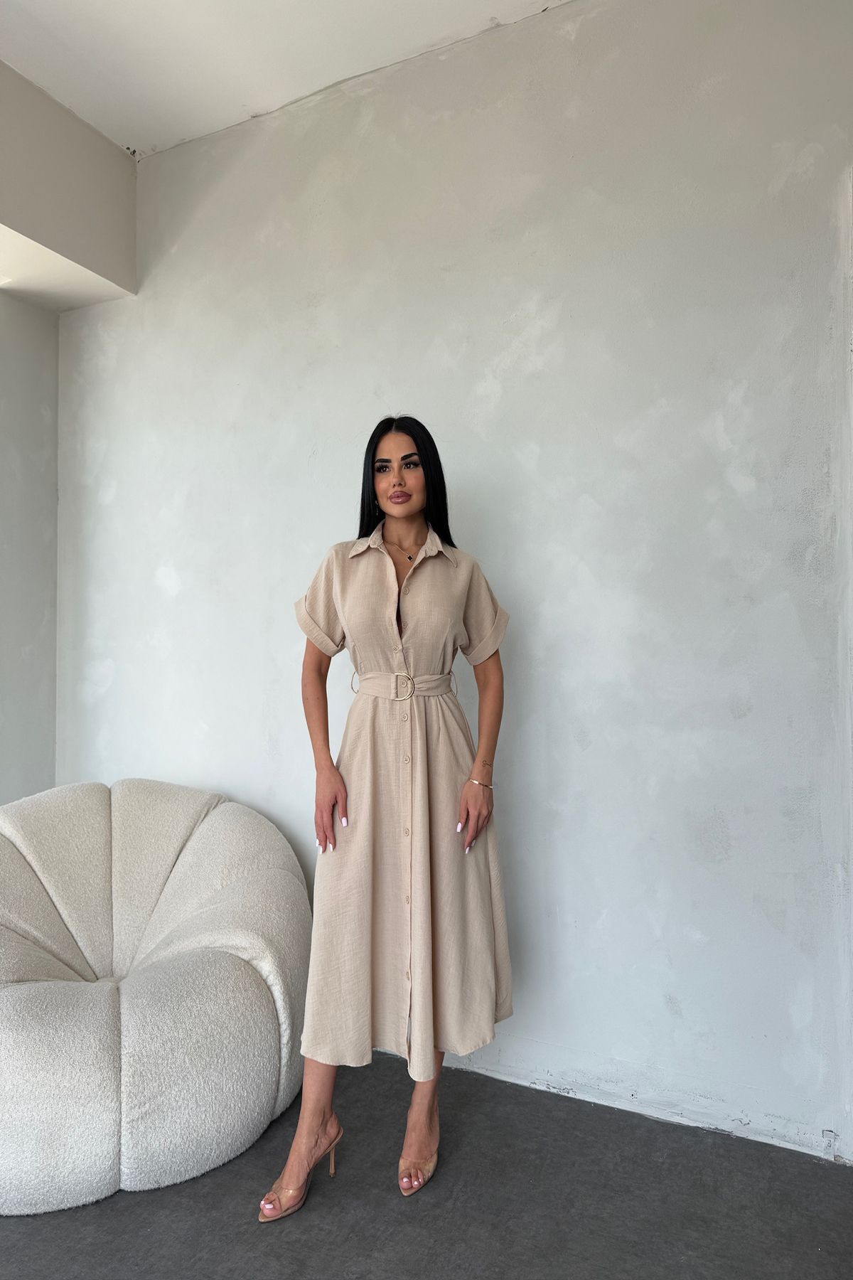 kamacibutik Gömlek Yaka Önü Düğmeli Elbise