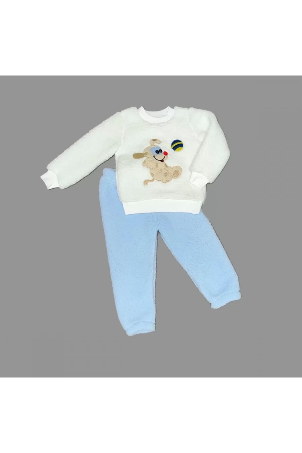 Moda Şahsenem 1-2-3 Yaş Toplu Köpek Nakışlı Kuzu Kumaş Sweat Pantolonlu Uzun Kollu Kız Erkek Bebek Takımı Mavi