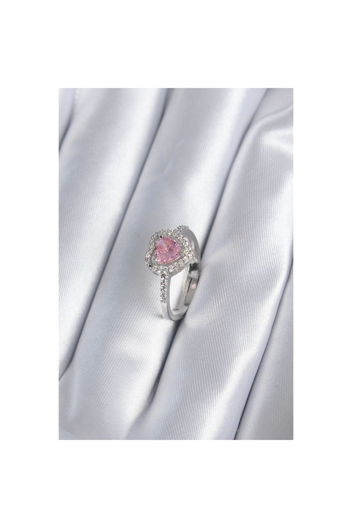 Narnuga Pirinç Gümüş Renk Pembe Zirkon Taş Kalp Charm Model Kadın Yüzük - TJ-BYK2859