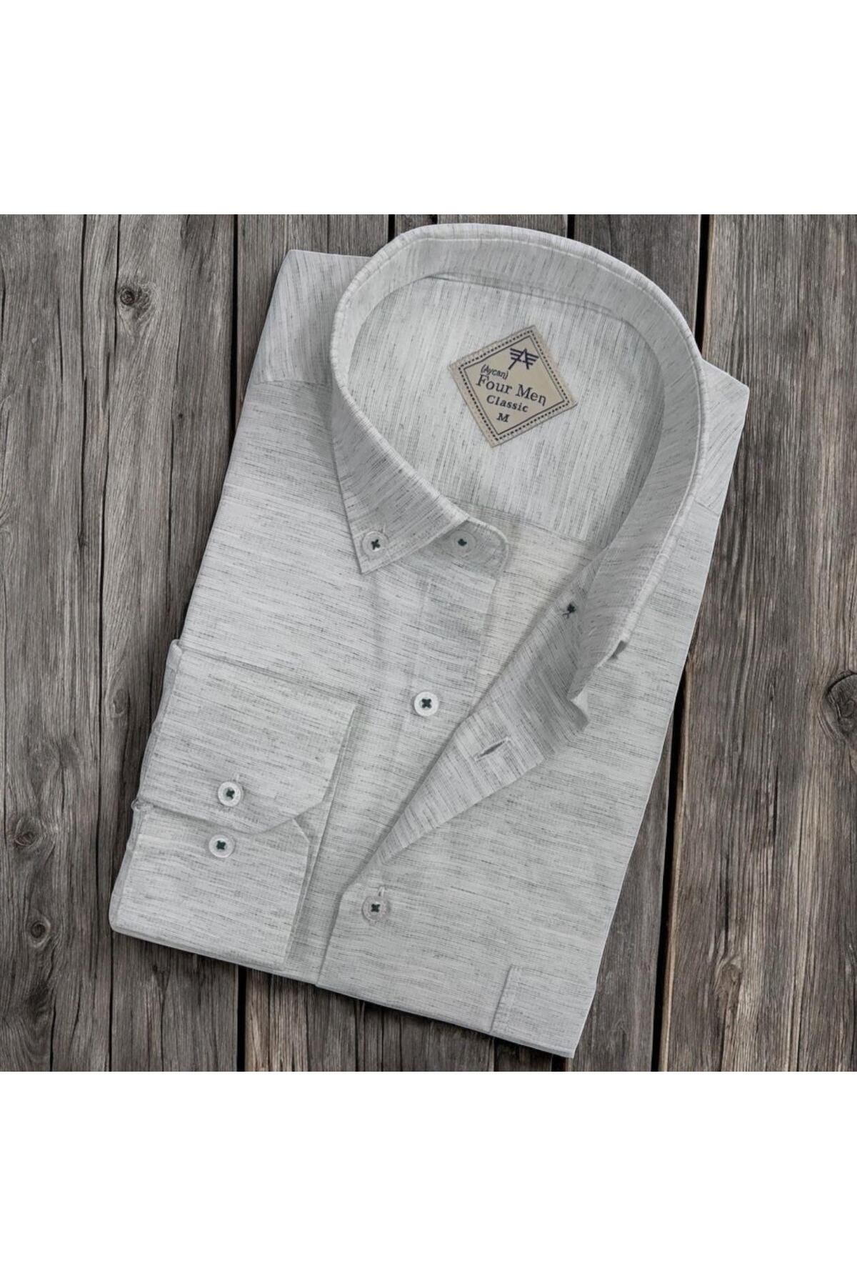 EREN STYLE Linen Keten Hafif Kumaş Uzun Kollu Beyaz Erkek Gömlek (Regular Kalıp)