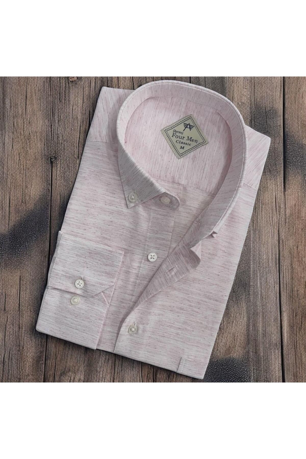 EREN STYLE Linen Keten Hafif Kumaş Uzun Kollu Pudra Erkek Gömlek (Regular Kalıp)