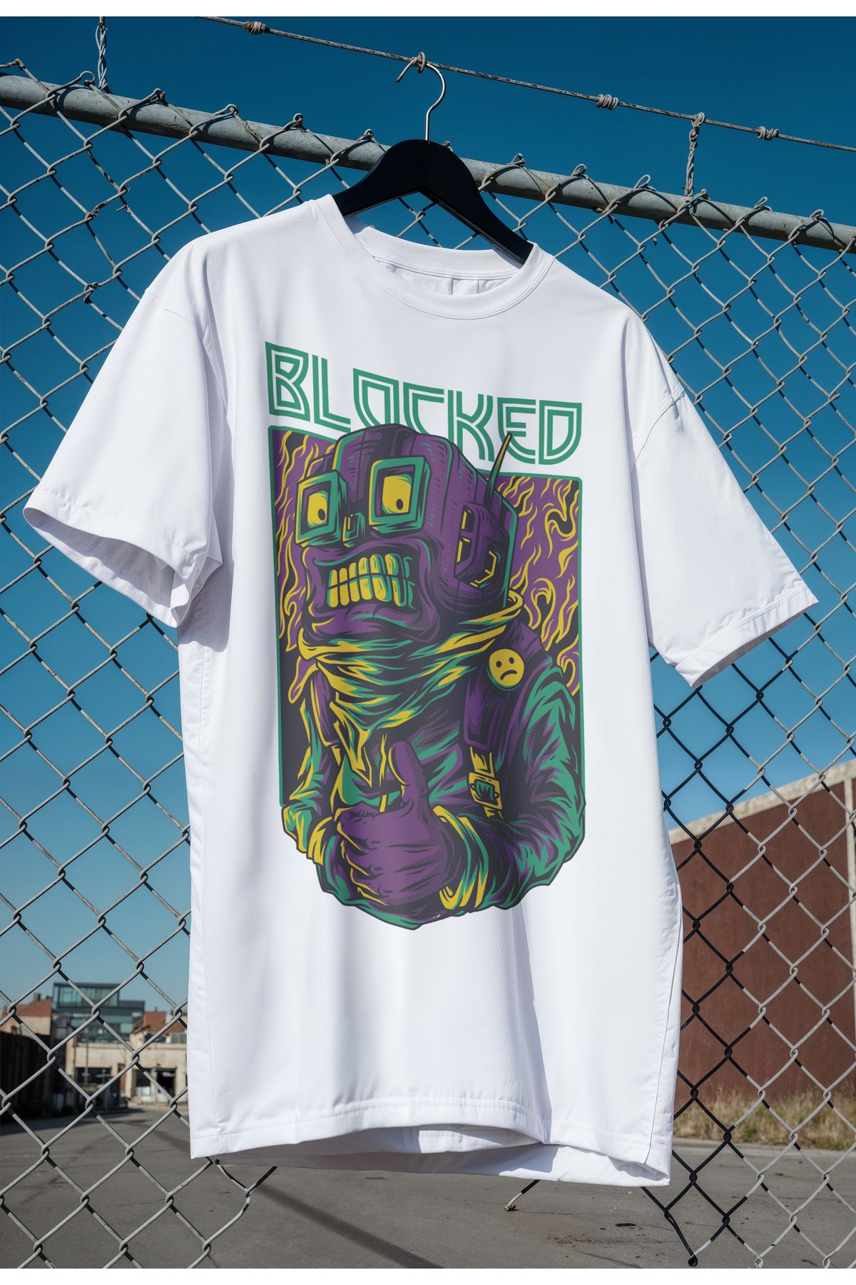 mooodcase Unisex Oversize Beyaz T-Shirt Bisiklet Yaka Kısa Kollu Pamuklu Blocked Desenli
