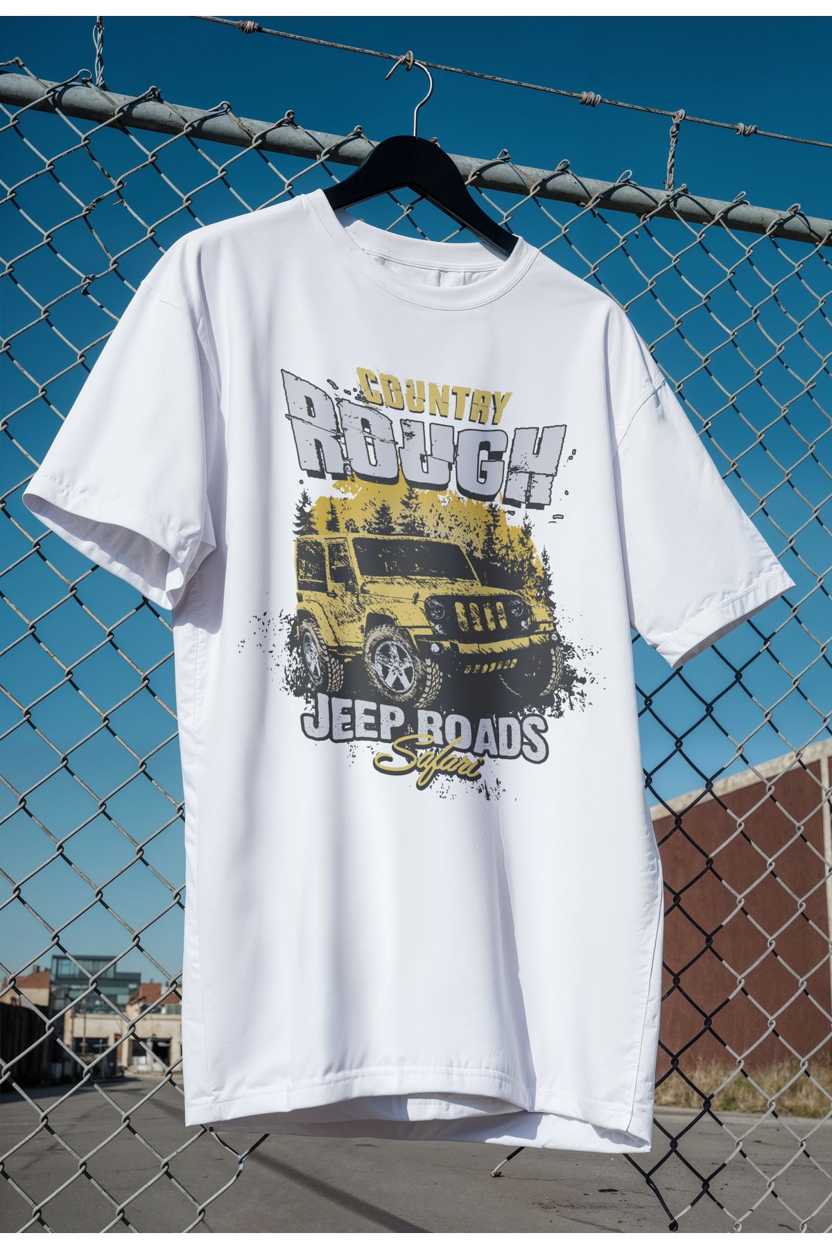 mooodcase Unisex Oversize Beyaz T-Shirt Bisiklet Yaka Kısa Kollu Pamuklu Country Rough Desenli