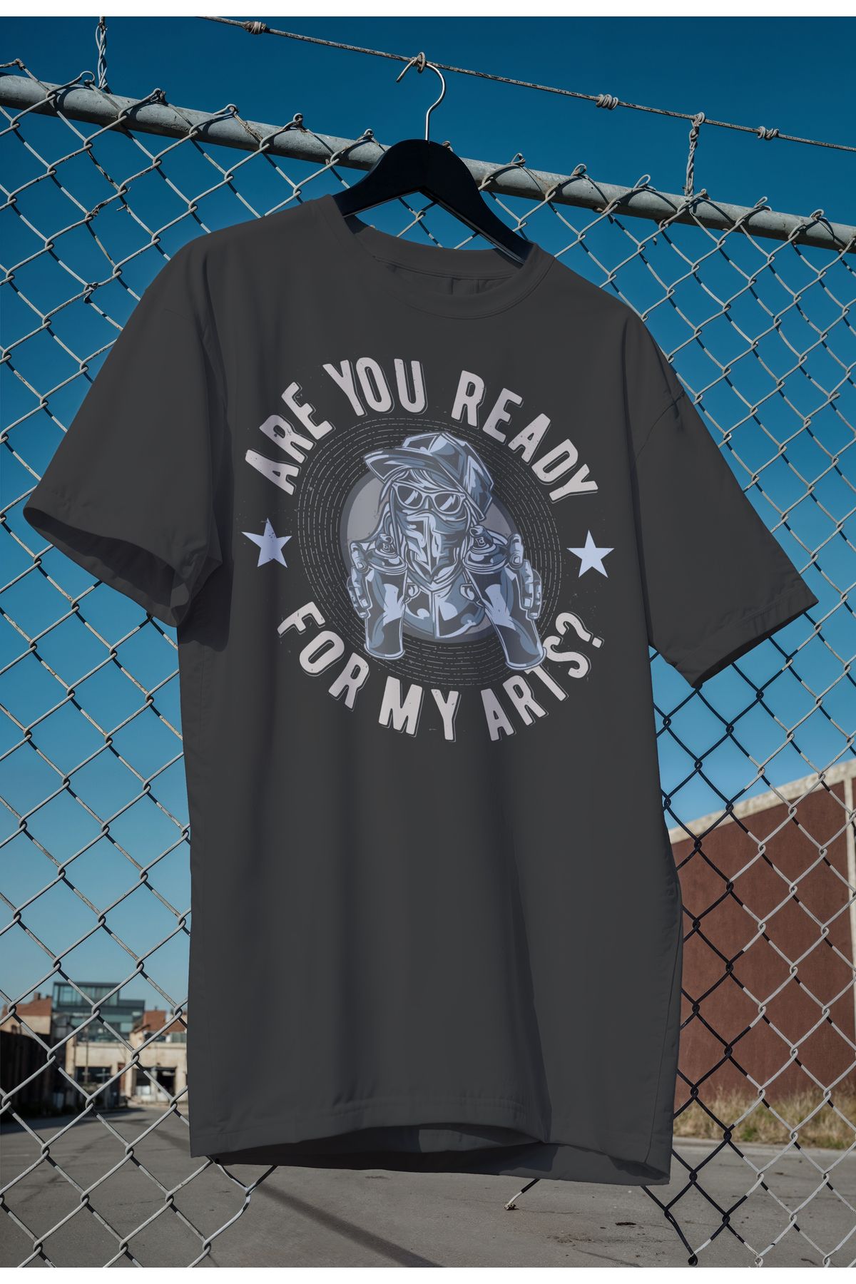 mooodcase Unisex Oversize Siyah T-Shirt Bisiklet Yaka Kısa Kollu Pamuklu Are You Ready Desenli