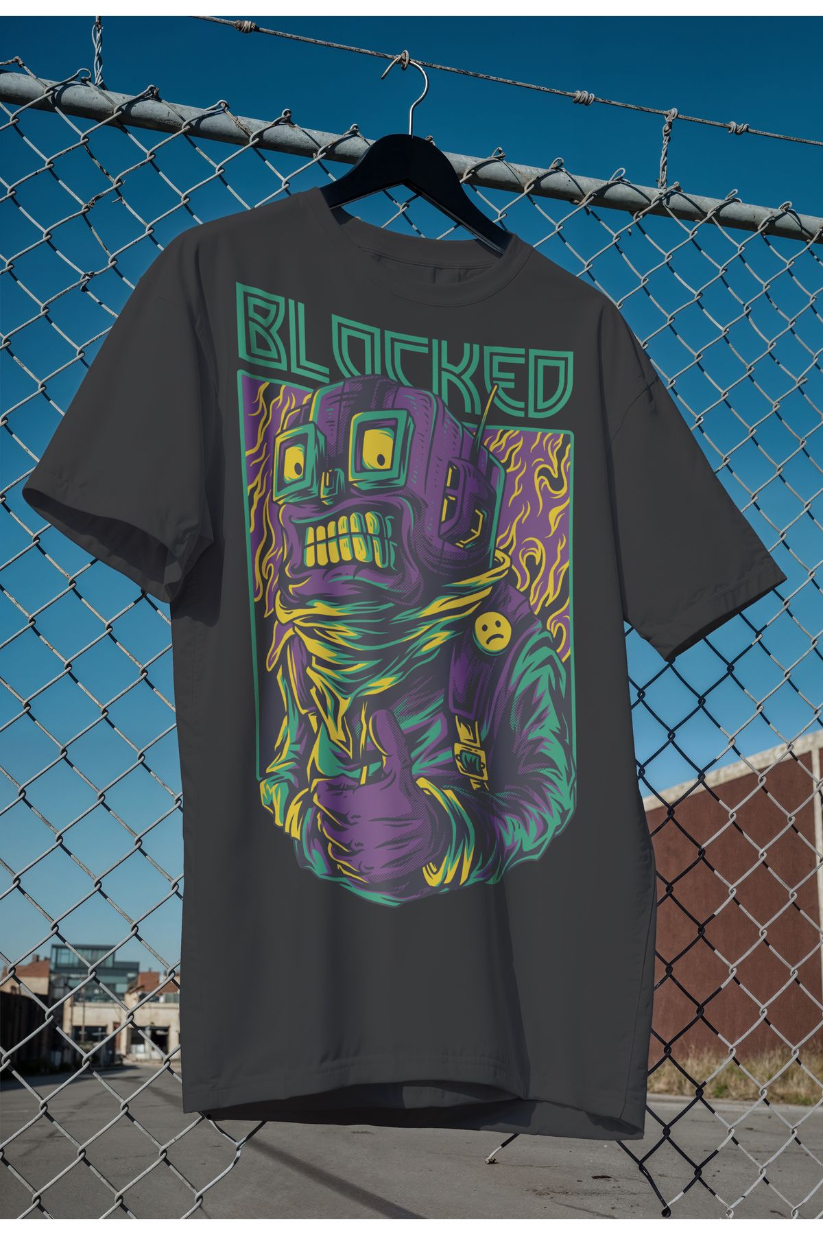 mooodcase Unisex Oversize Siyah T-Shirt Bisiklet Yaka Kısa Kollu Pamuklu Blocked Desenli