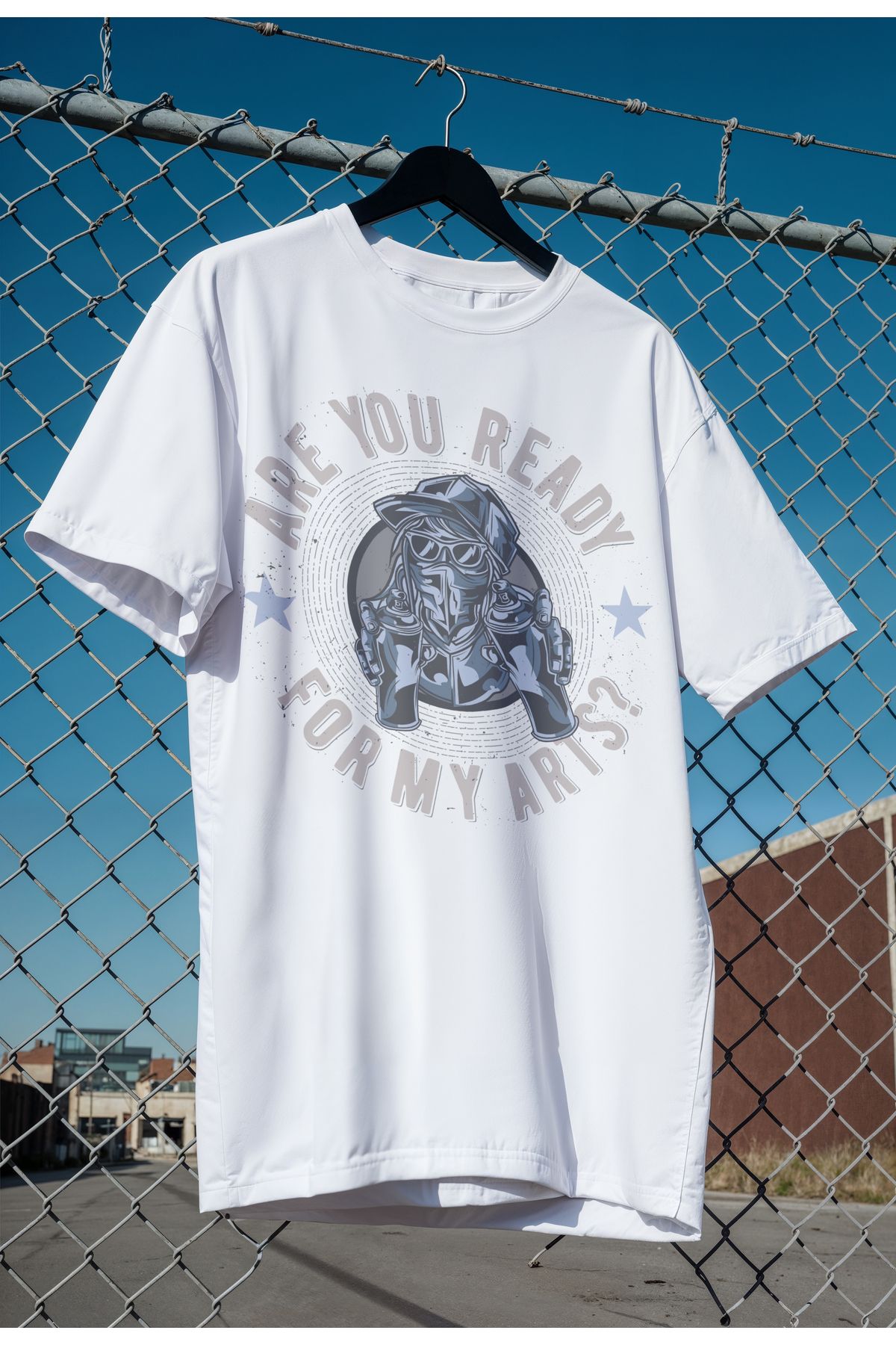 mooodcase Unisex Oversize Beyaz T-Shirt Bisiklet Yaka Kısa Kollu Pamuklu Are You Ready Desenli