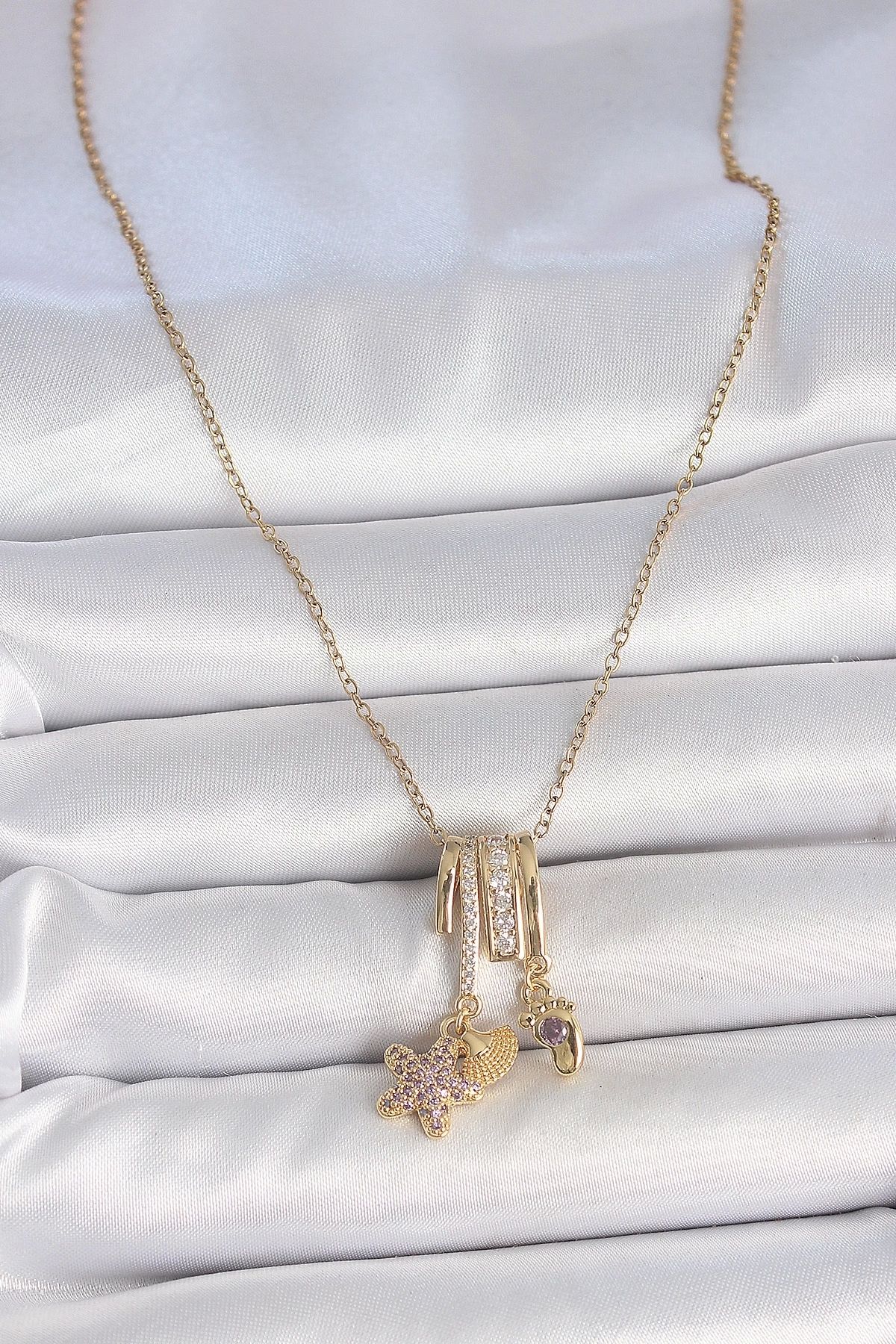 bamido 316l Çelik Gold Renk Sallantı Zirkon Taşlı Mor Taşlı Ayıcık Figür Charm Kadın Kolye - Bamido