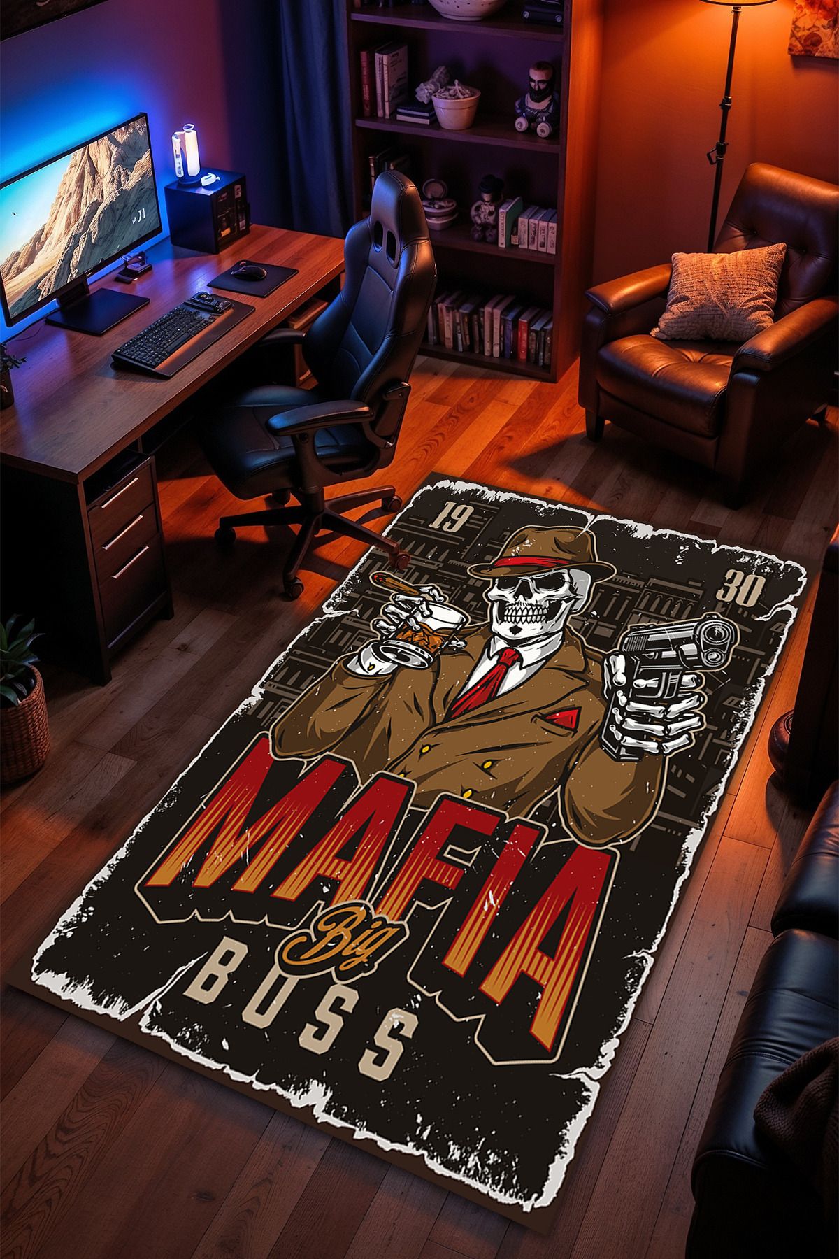 Charmbi Mafia Boss Desenli Kaymaz Taban Makinede Yıkanabilir Gaming Oyuncu Gamer Genç Odası Halısı