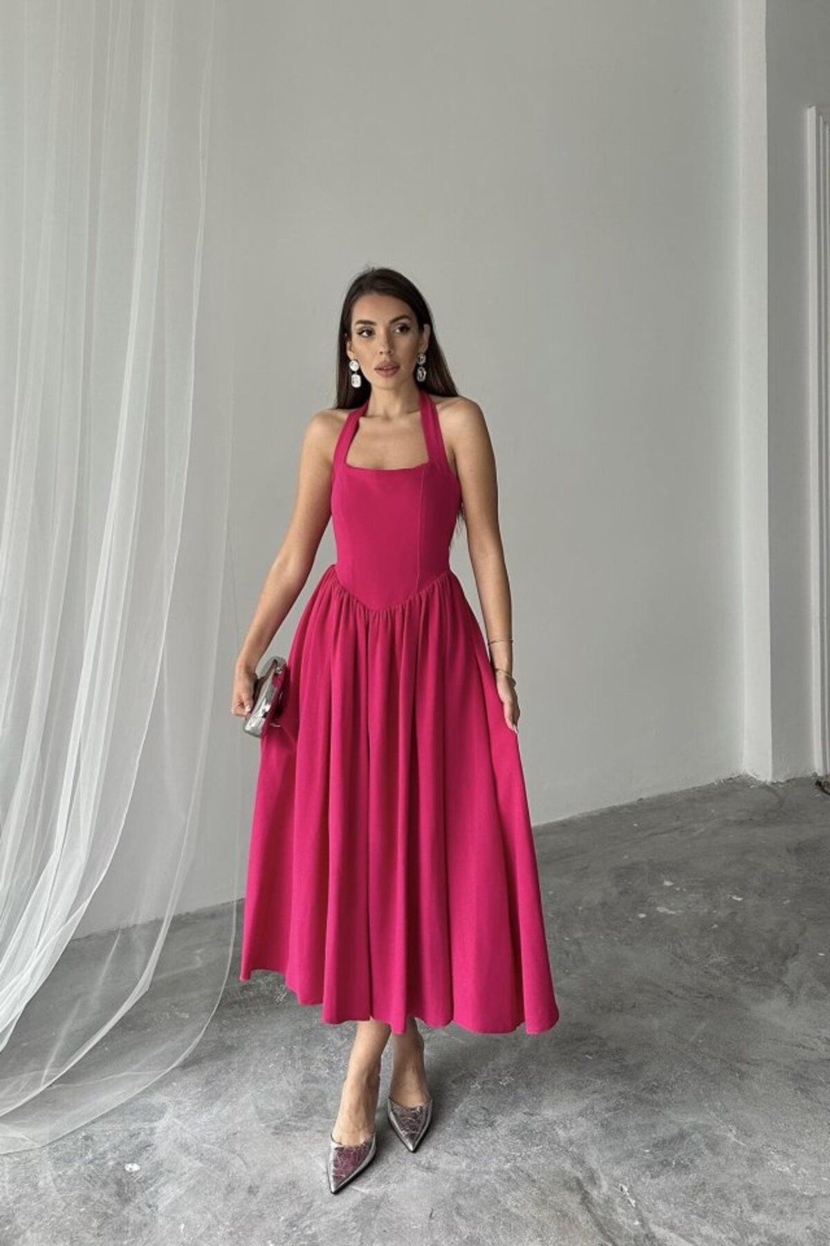 velmorafashion Fuşya Boyundan Bağlamalı Keten Elbise