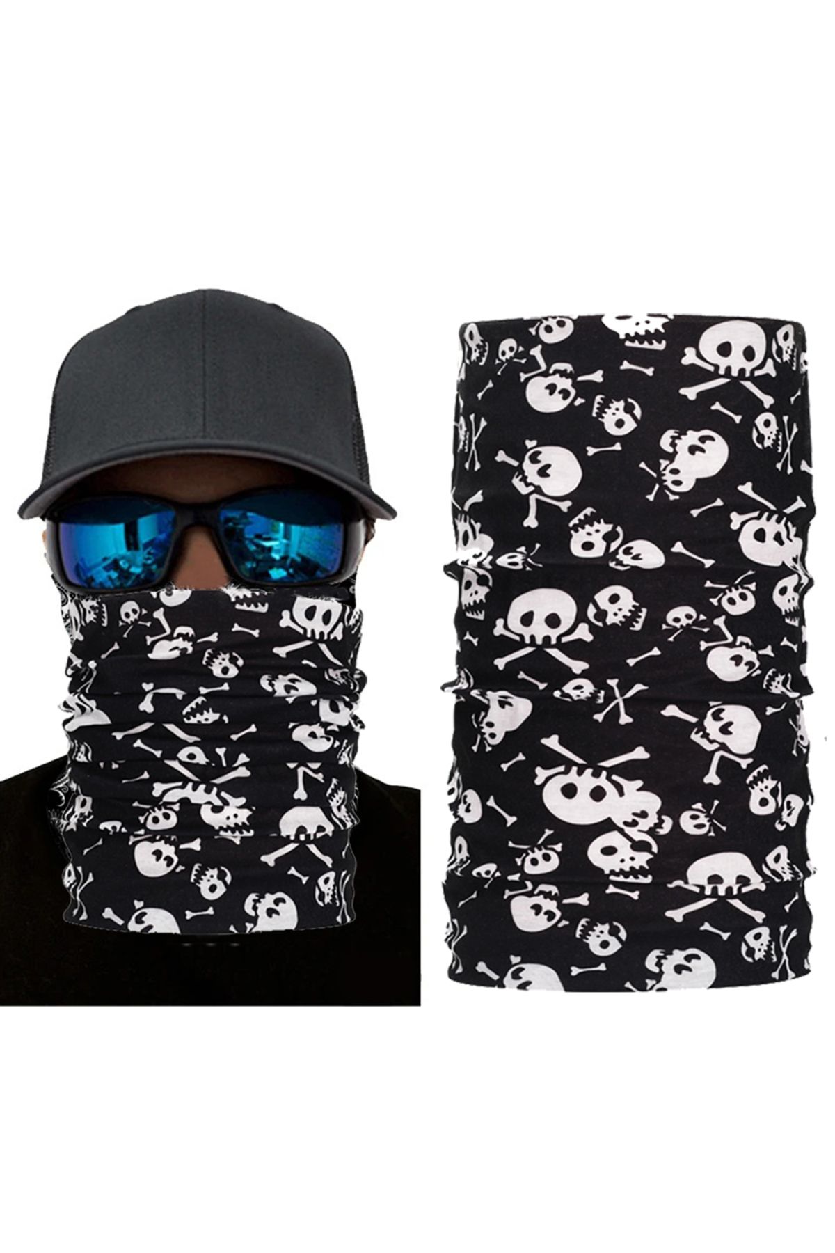 Skygo Siyah Renk Üzeri Beyaz Kemik Kafatası İskelet Baskılı Baf Buff Bandana 30x48 cm