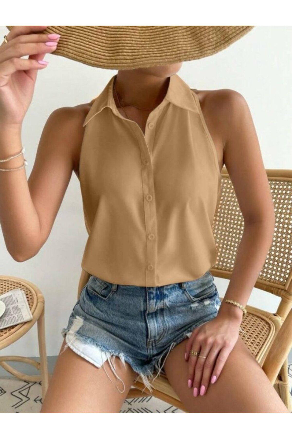 velmorafashion Kadın Sıfır Kol Dokuma Viskon Kumaş Gömlek