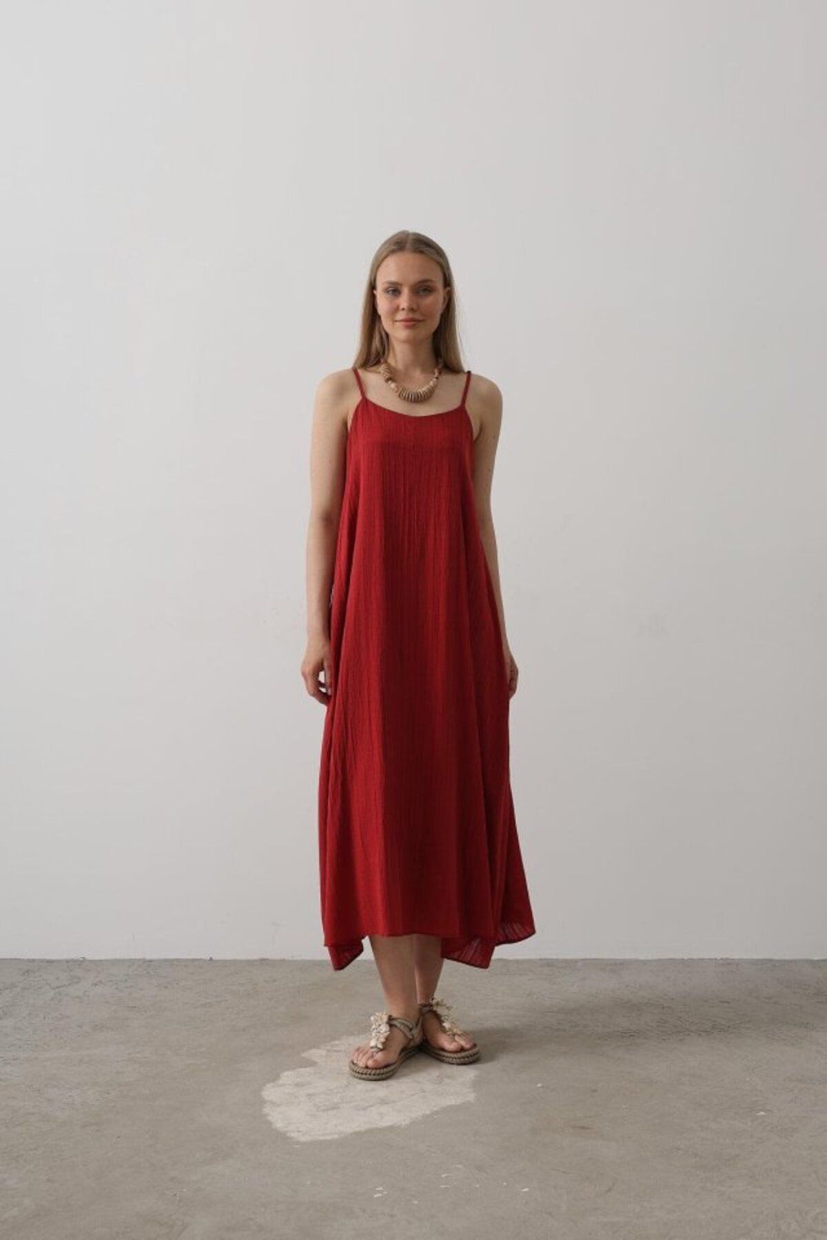 velmorafashion Askılı Uzun Çan Elbise - Bordo