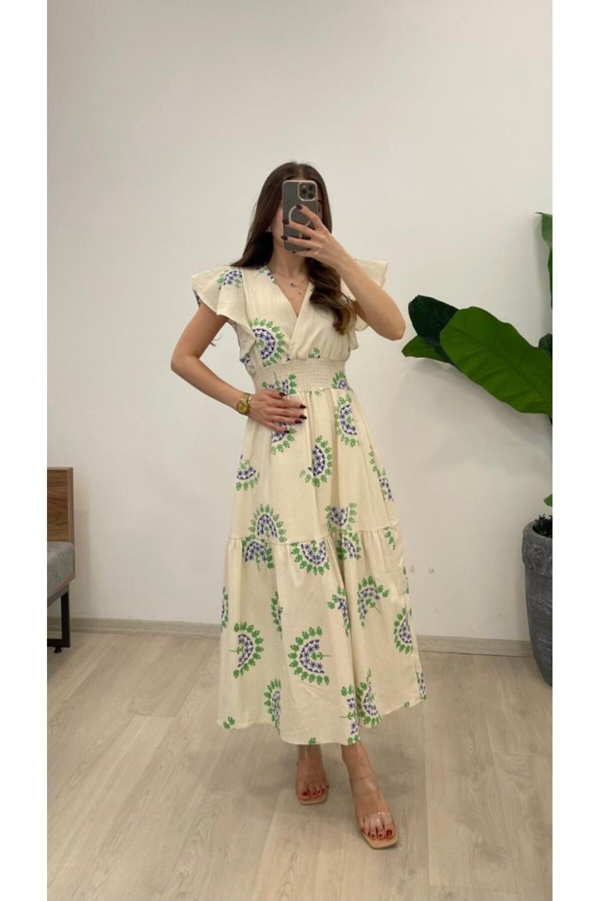 velmorafashion Kadın Keten Kumaş Beli Gipeli V Yaka Maxi Boy Elbise