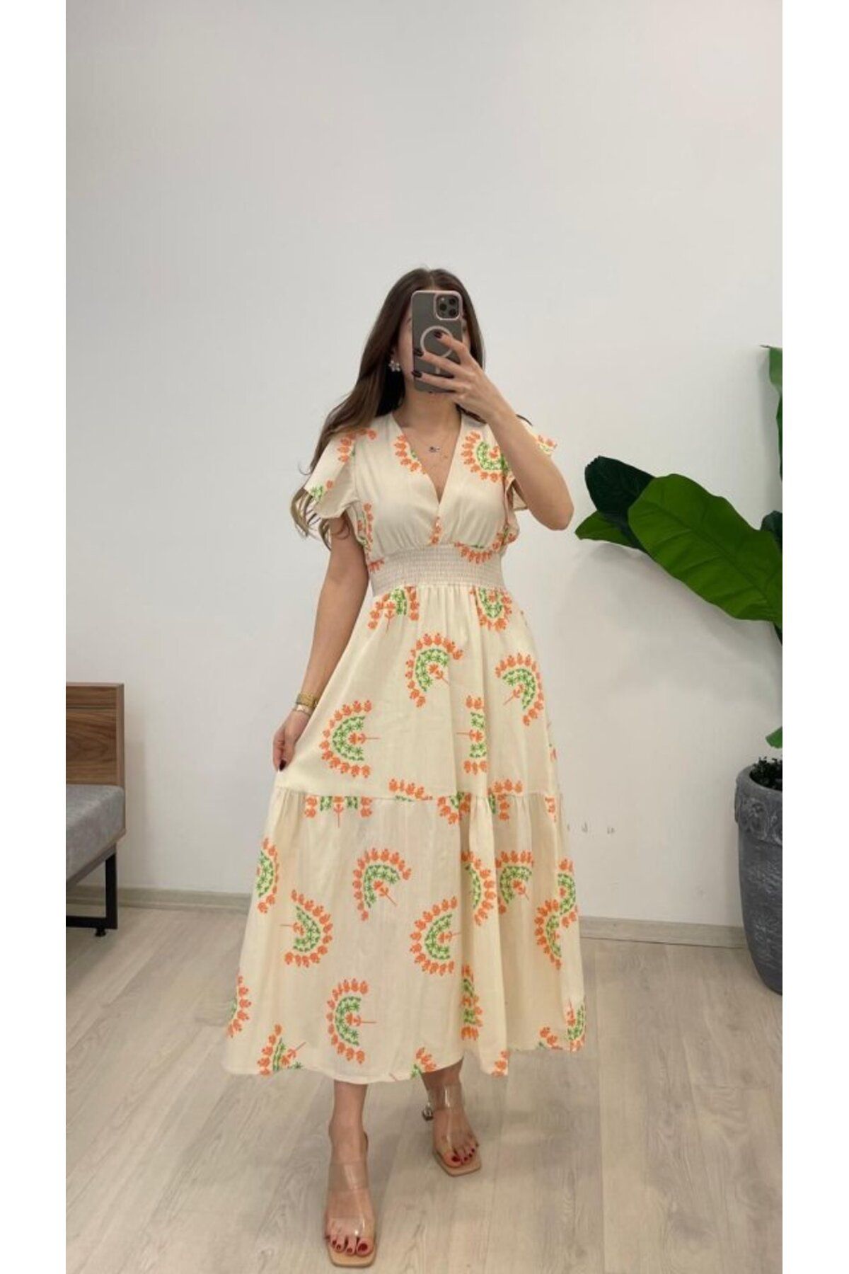 velmorafashion Kadın Keten Kumaş Beli Gipeli V Yaka Maxi Boy Elbise