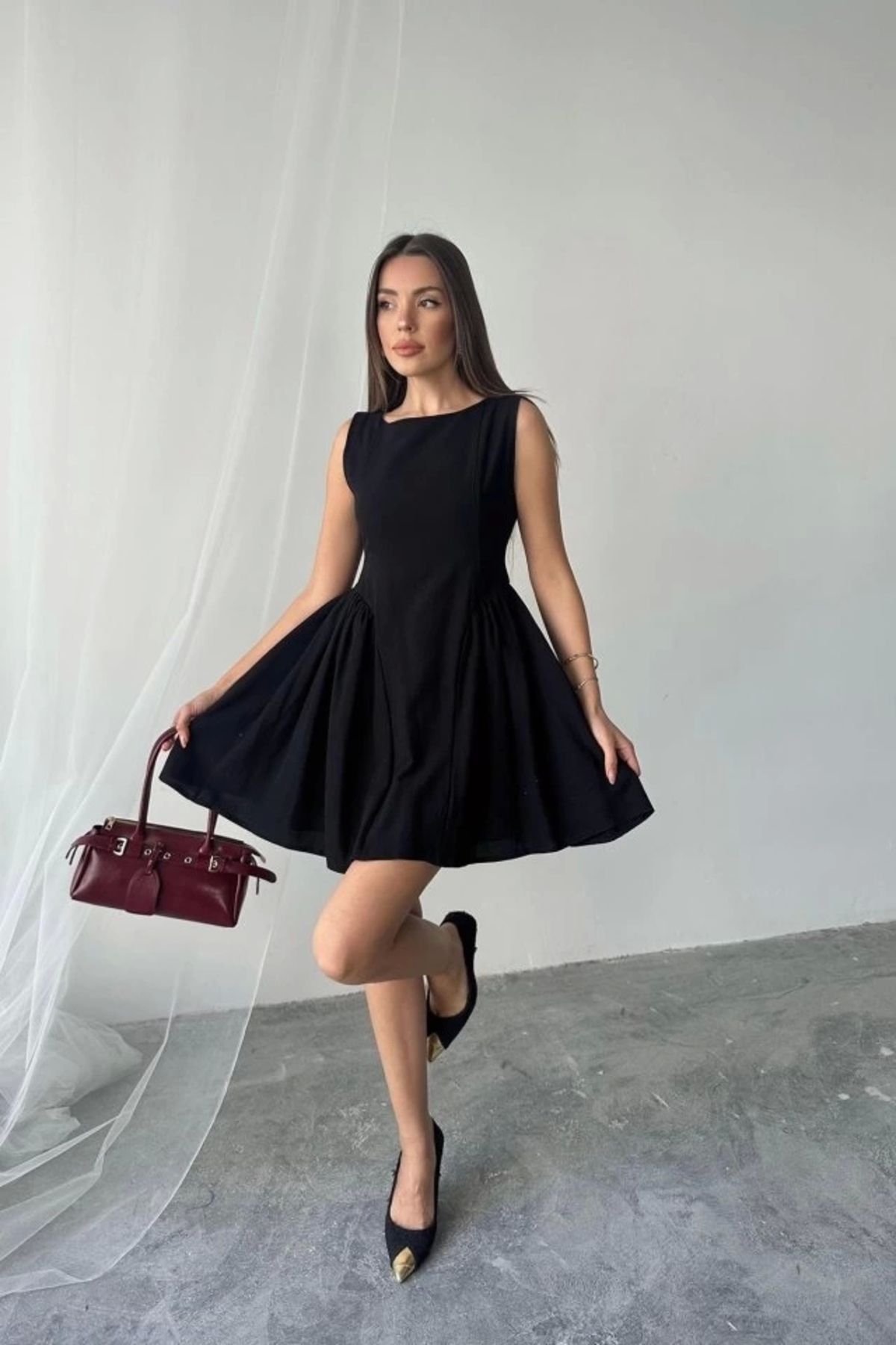 nedo7 Siyah Mini Boy Büzgülü Keten Elbise