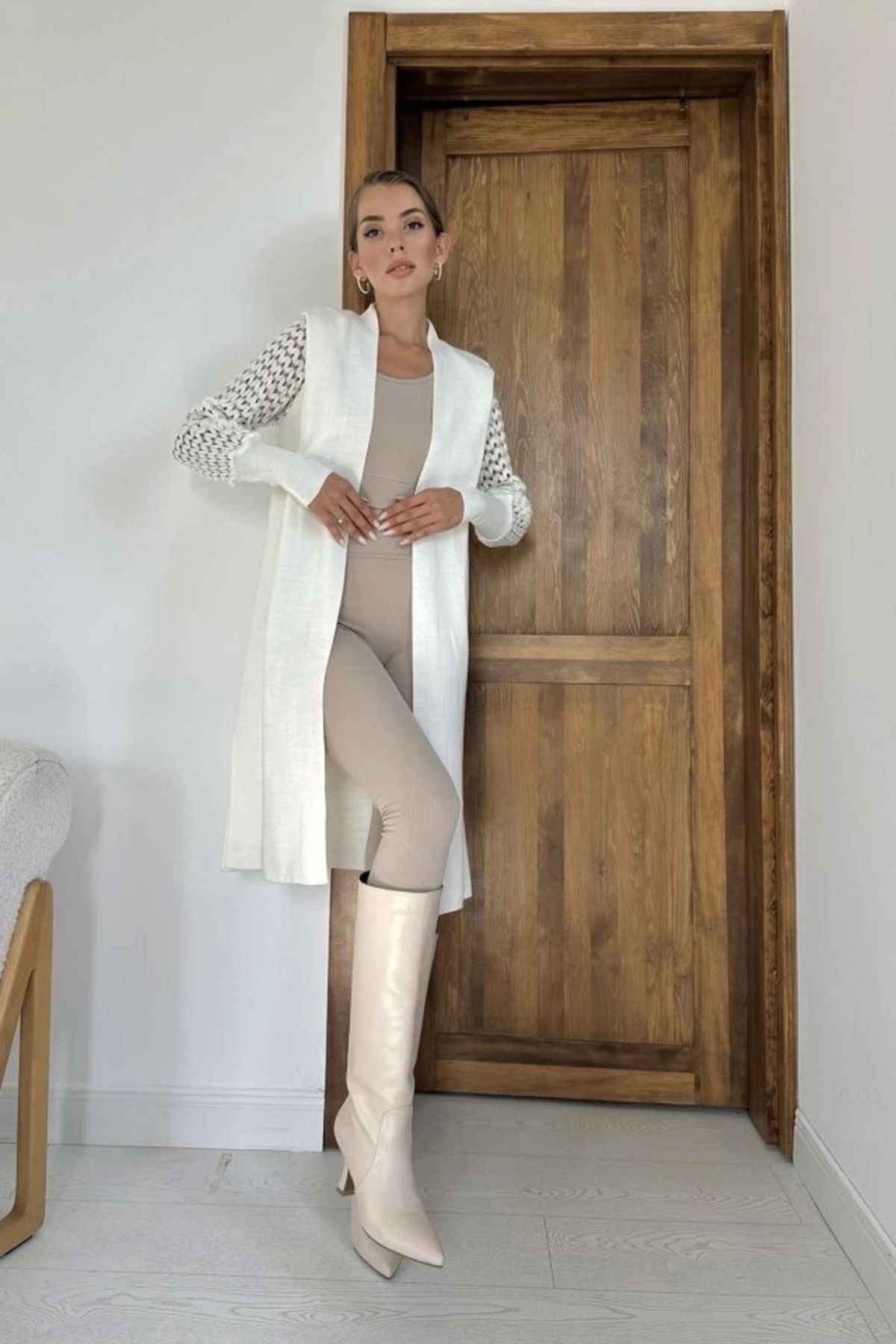 nedo7 Ekru Kolları Örgülü Triko Hırka
