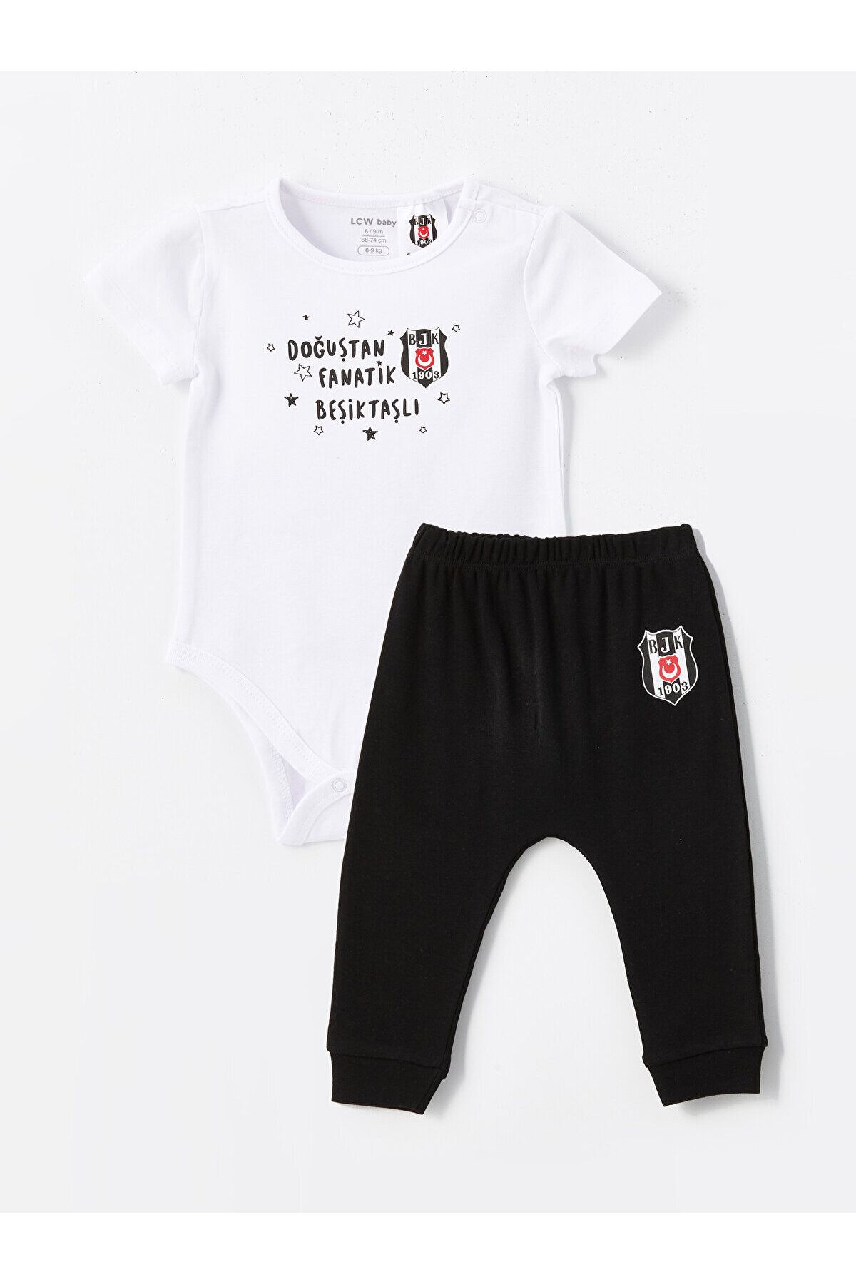 LC Waikiki Bisiklet Yaka Kısa Kollu Beşiktaş Baskılı Erkek Bebek Çıtçıtlı Body ve Pantolon 2'li Takım