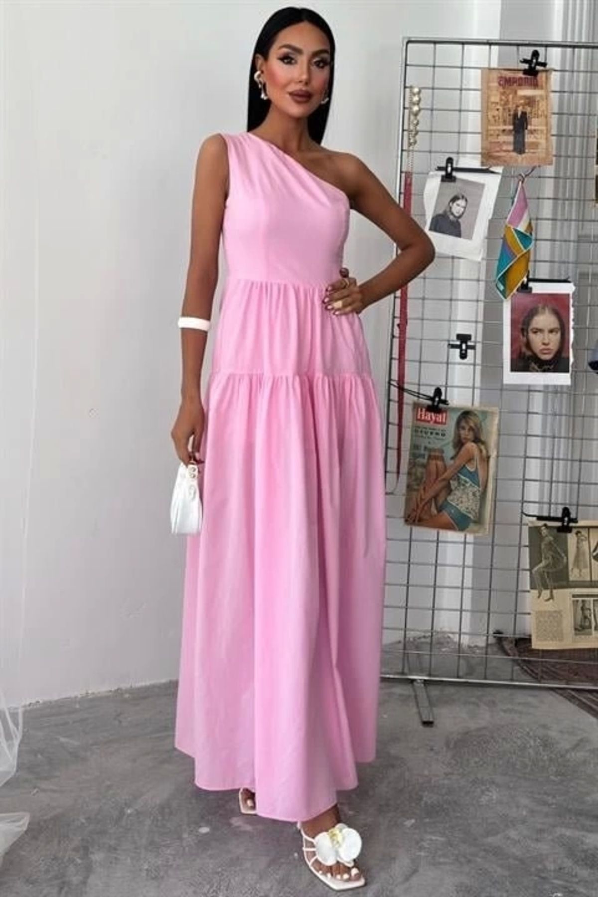 Butik Tek Omuzlu Pile Detay Maxi Elbise 2895