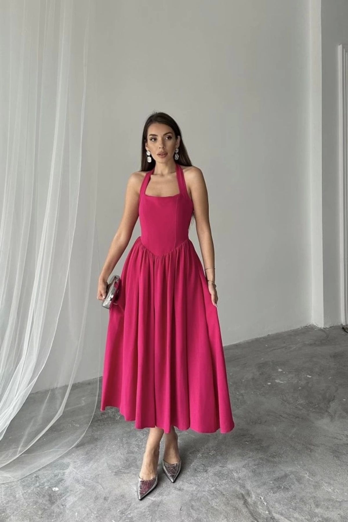 Butik Fuşya Boyundan Bağlamalı Keten Elbise