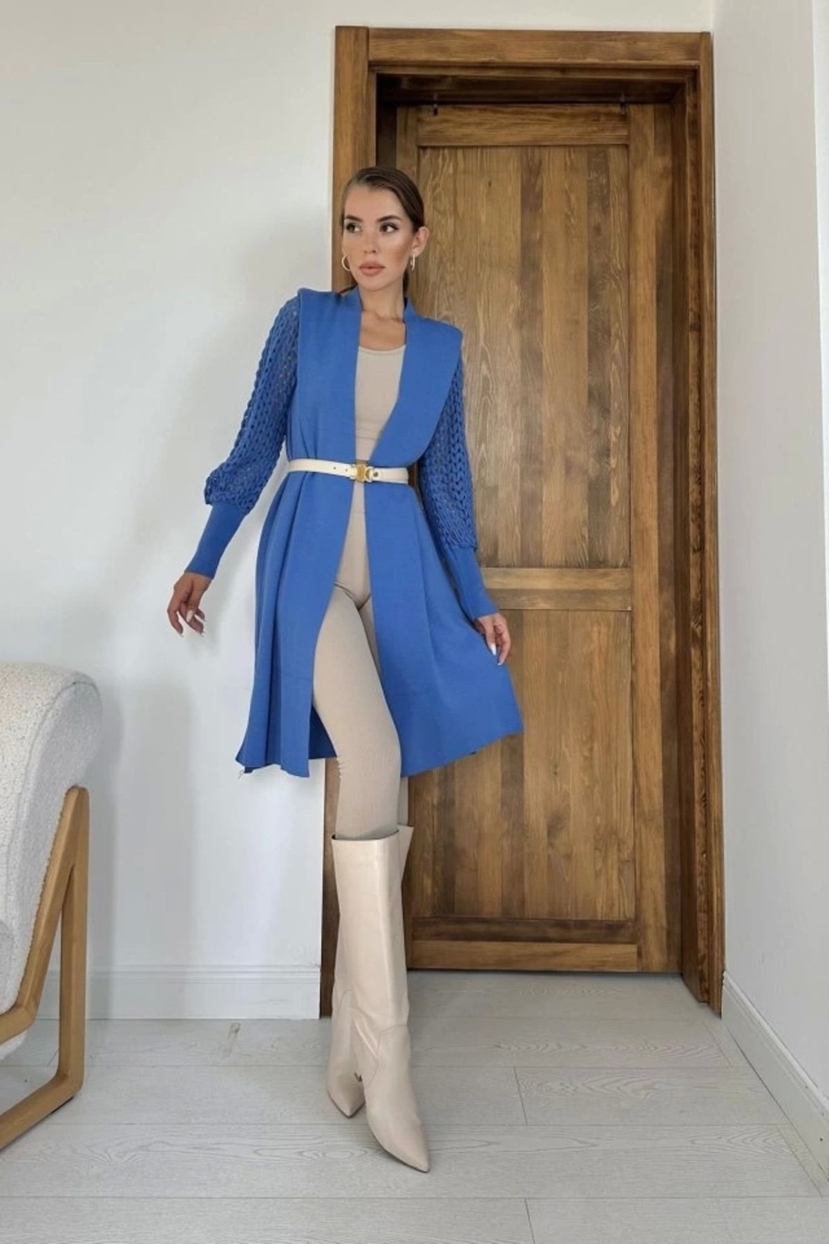 nedo7 Mavi Kolları Örgülü Triko Hırka
