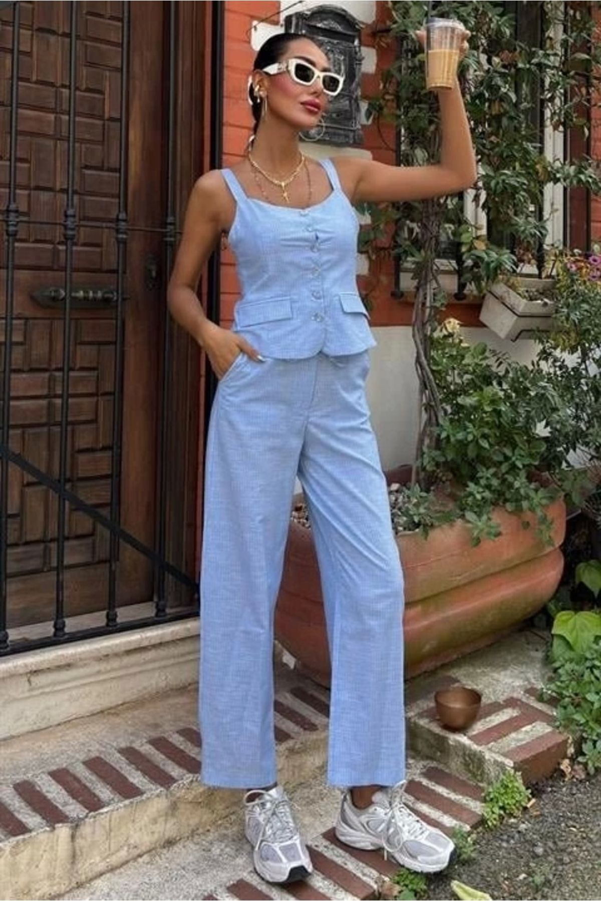 nedo7 Kalın Askılı Bluz Pantolon Keten Takım 10187