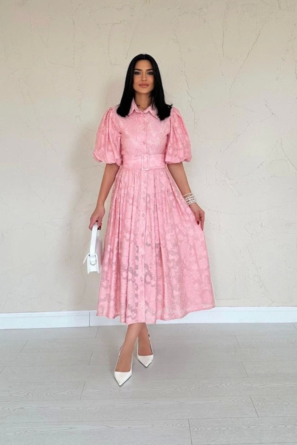 Butik Pembe Kemerli Balon Kollu Elbise