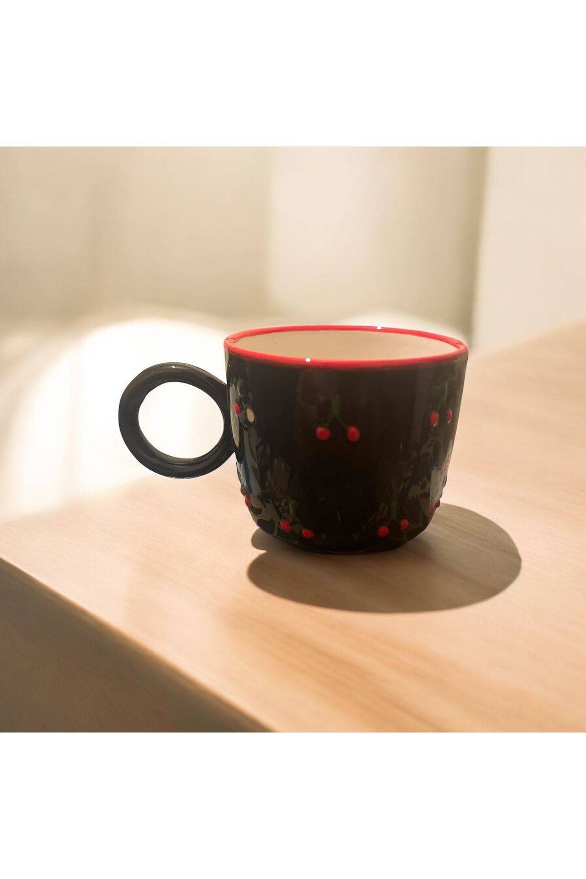 Giftorium Group Yuvarlak Kulplu Siyah Baby Kiraz Desenli Kupa Bardak Mug 200 Ml