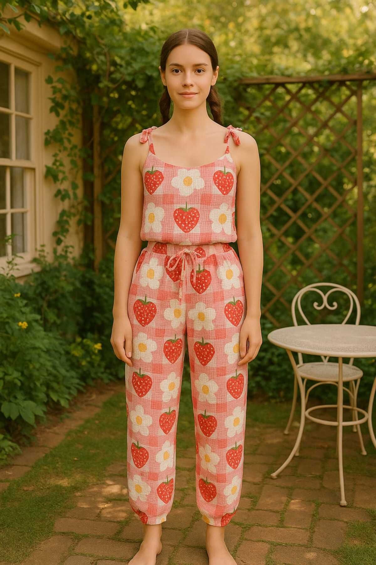 PEMBİŞ HOMEWEAR Bürümcük Çilek Papatya 2 Parça Atlet ve Şalvar Pijama Takımı