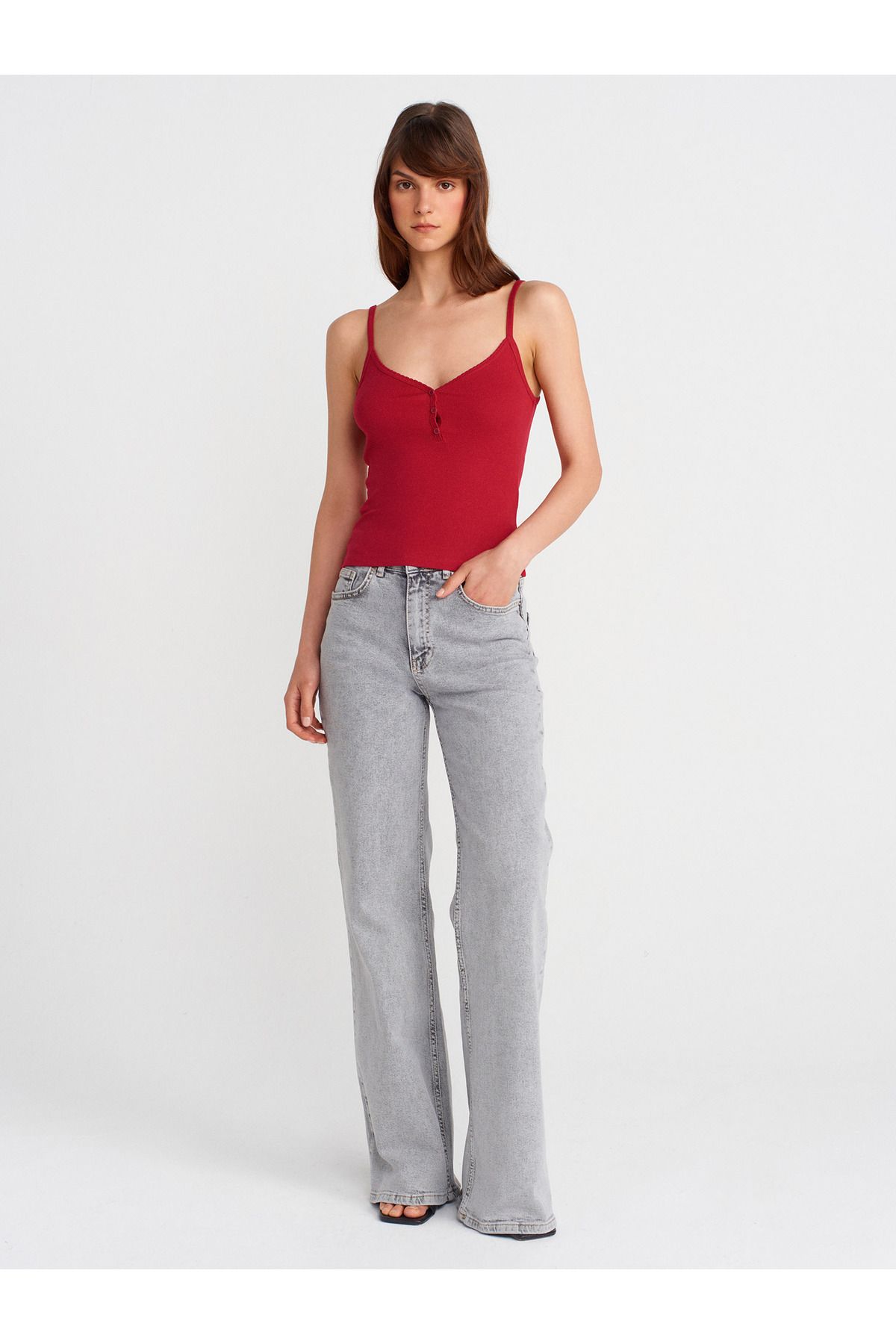 Dilvin-21008 Buttoned Strap Top-Red 4