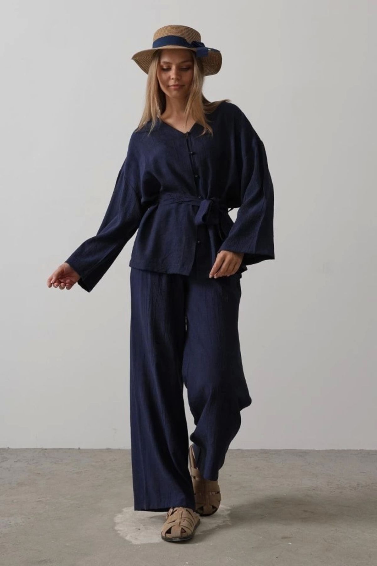 nedo7 Beli Bağlamalı Tunik Ve Beli Bağlamalı Pantolon Takım - Lacivert