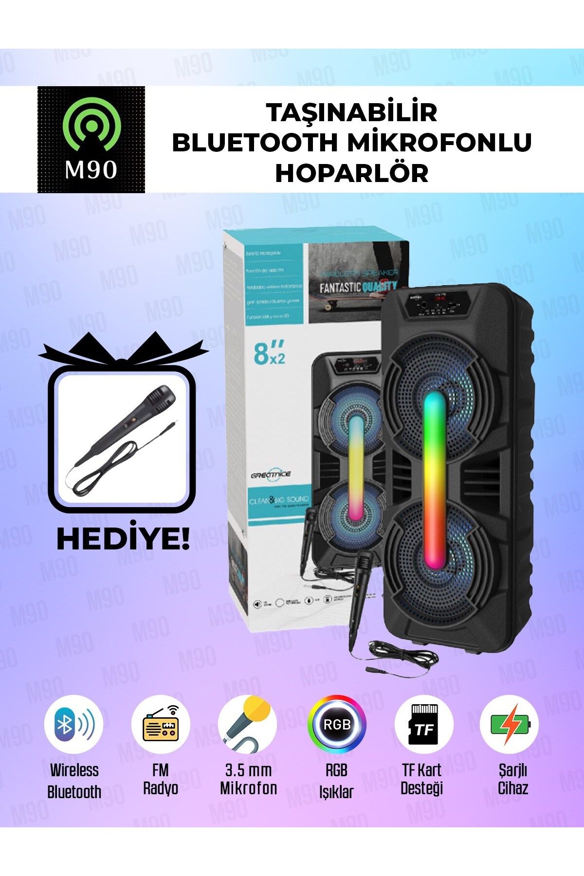 M90 Taşınabilir Bluetooth Mikrofonlu Rgb Işıklı 8x2 İnç Hoparlör Fm Radyo Usb Tf Kart