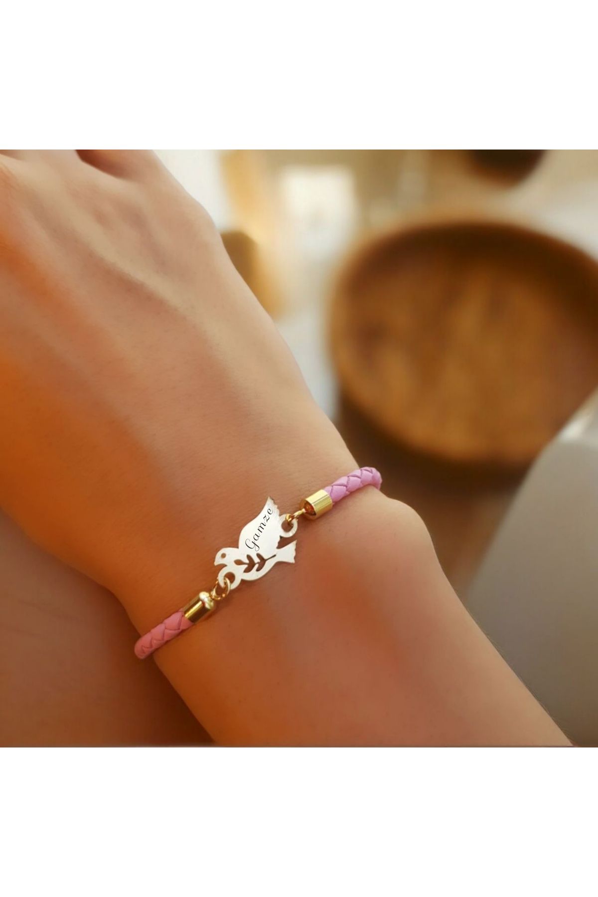 ARCHINO GOLD Kuş Motifli 14 Ayar Altın Plakalı Doğal Derili Gamze İsmine Özel Hediye Bilekliği-444isim-pembe