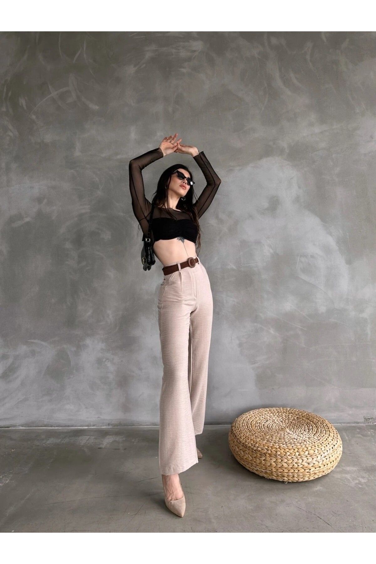 H&E LUXURY DESIGN Kadın Keten Kemerli Pantolon