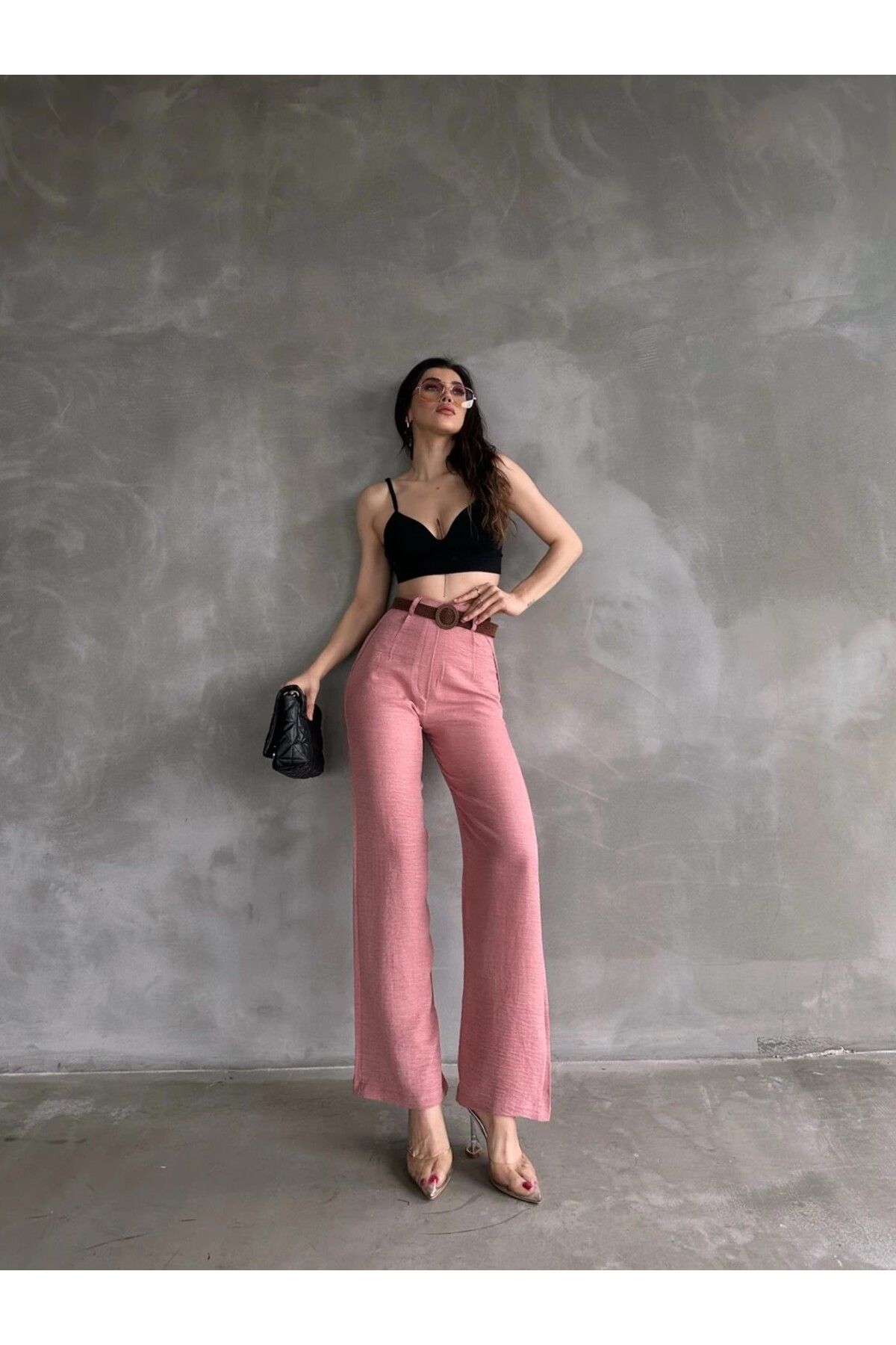 H&E LUXURY DESIGN Kadın Keten Kemerli Pantolon