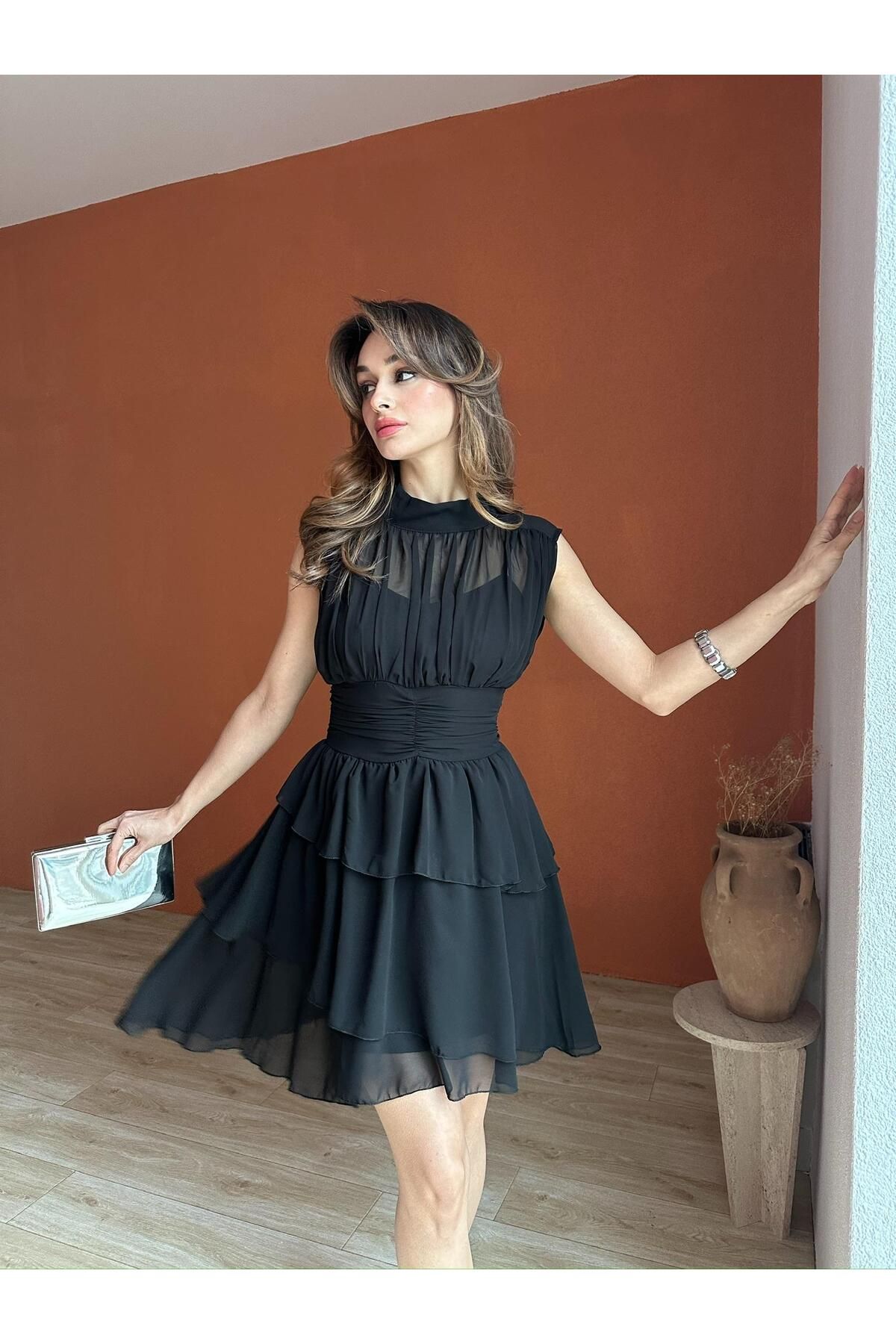 Mooi Butik Dik Yaka Sıfır Kol Messina Elbise 2292 - Siyah