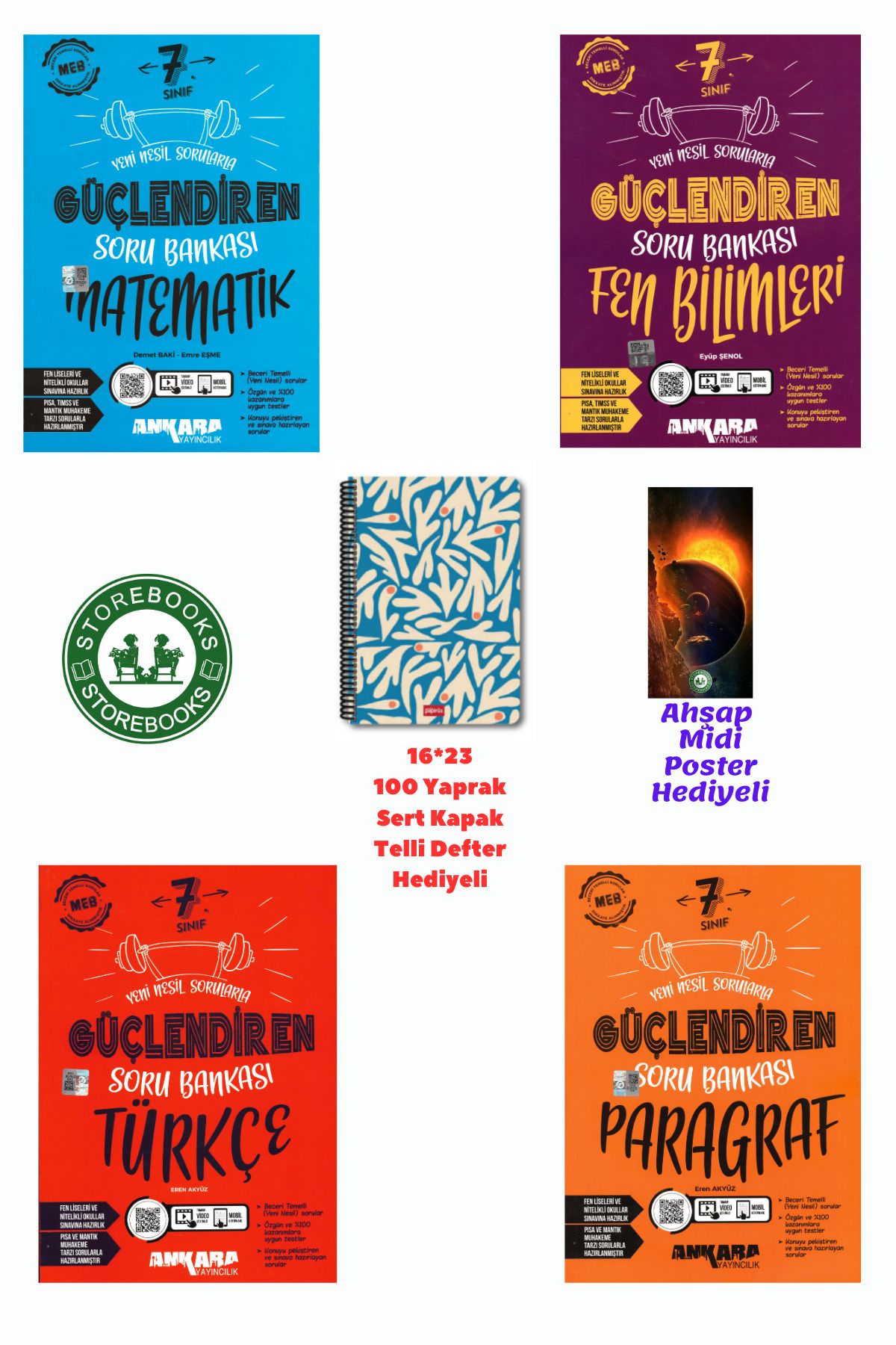 Ankara Yayıncılık 7. Sınıf Güçlendiren Matematik+Fen+Türkçe+Paragraf Soru Bankası Seti+Defter ve Ahşap Poster Hediyeli