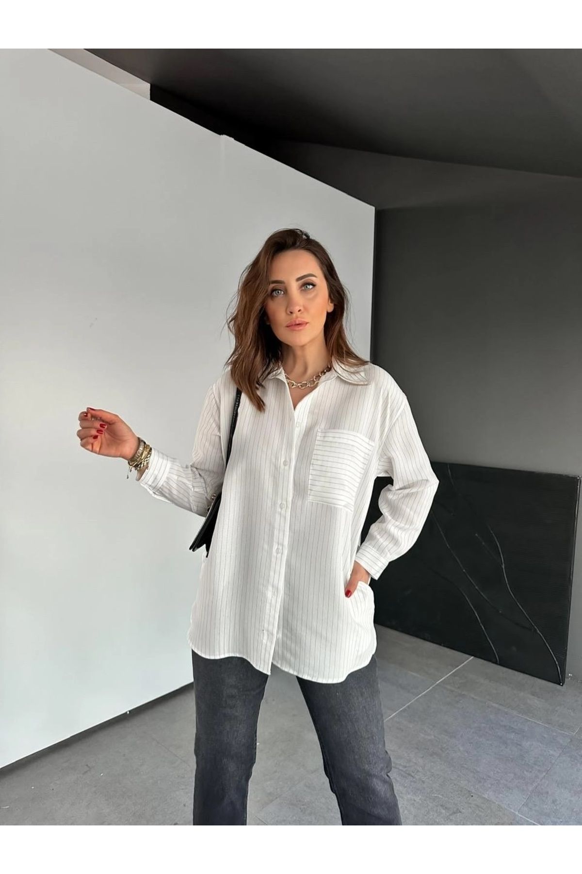 QİMYA BUTİK EGZOTİK ASORTİK Kadın Çizgili Yandan Cepli Oversize Tunik GÖMLEK