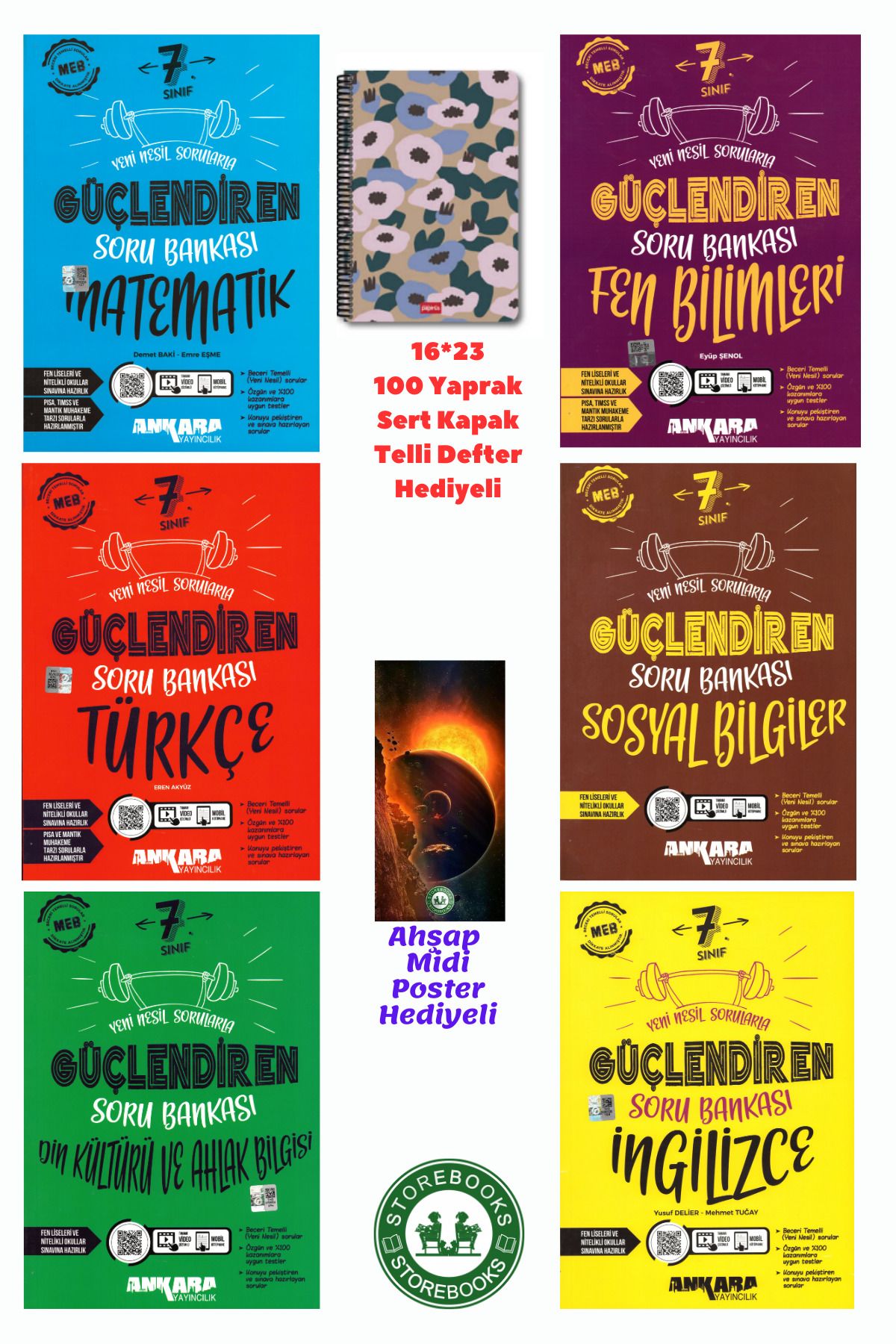 Ankara Yayıncılık 7. Sınıf Güçlendiren Mat+Fen+Türkçe+Sosyal+Din ve İngilizce Soru +Defter ve Ahşap Poster Hediyeli