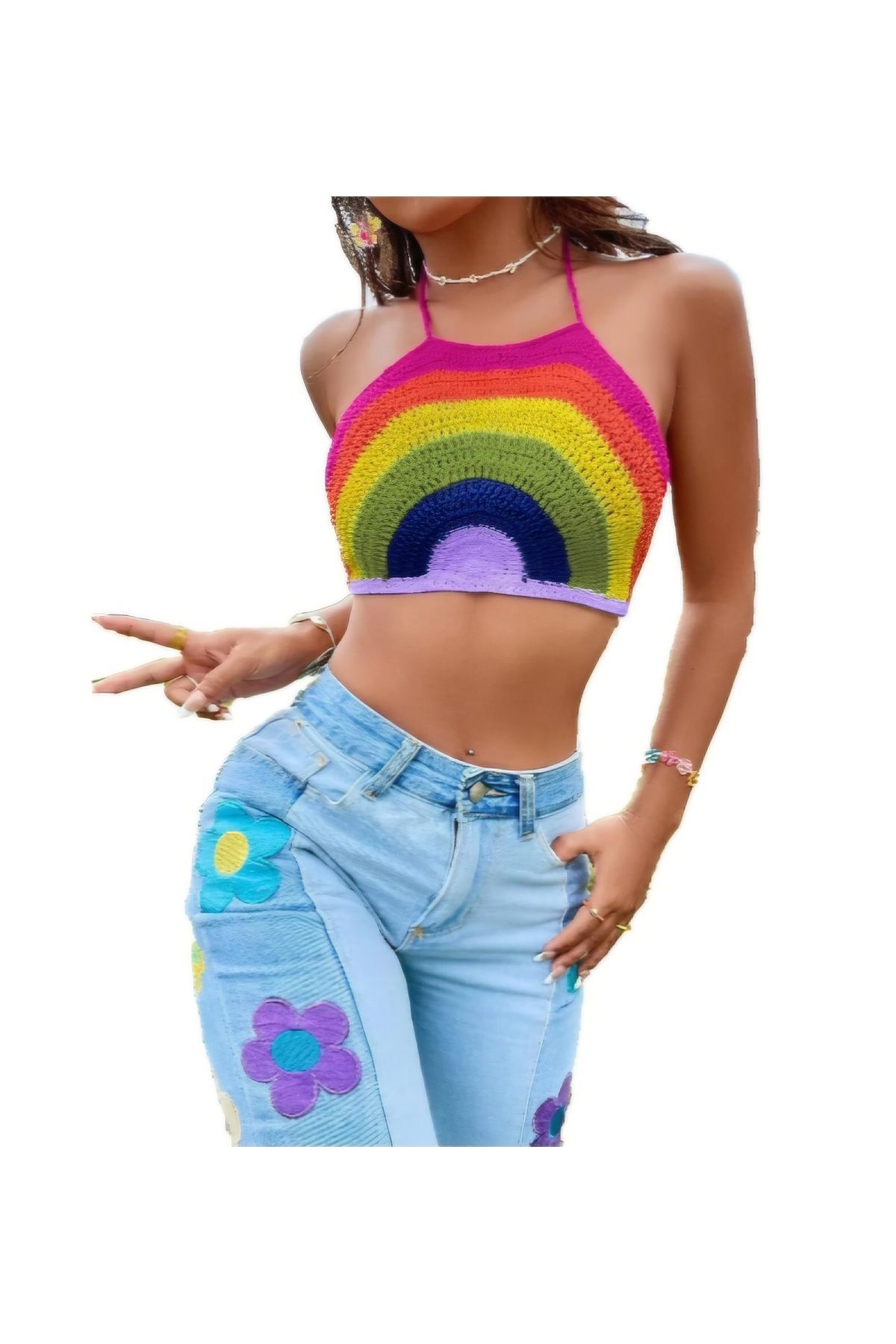 ThreadArtByNur Çok Renkli El Örgüsü Gökkuşağı Büstiyer Crop İç Göstermez Sık Iğne Yaz Modası