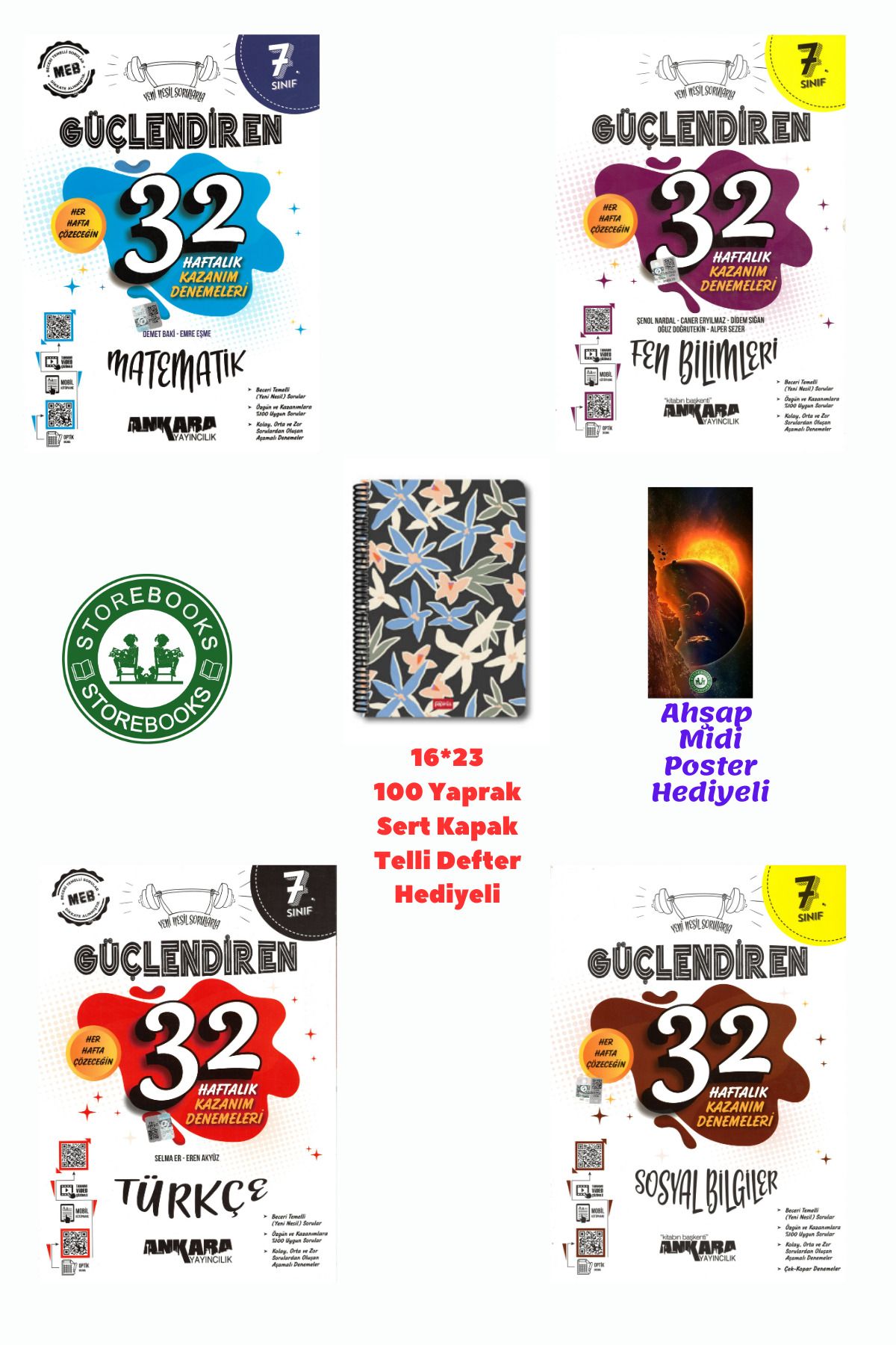 Ankara Yayıncılık 7. Sınıf Güçlendiren Mat+Fen+Türkçe+Sosyal 32 Haftalık Deneme Seti+Defter ve Ahşap Poster Hediyeli