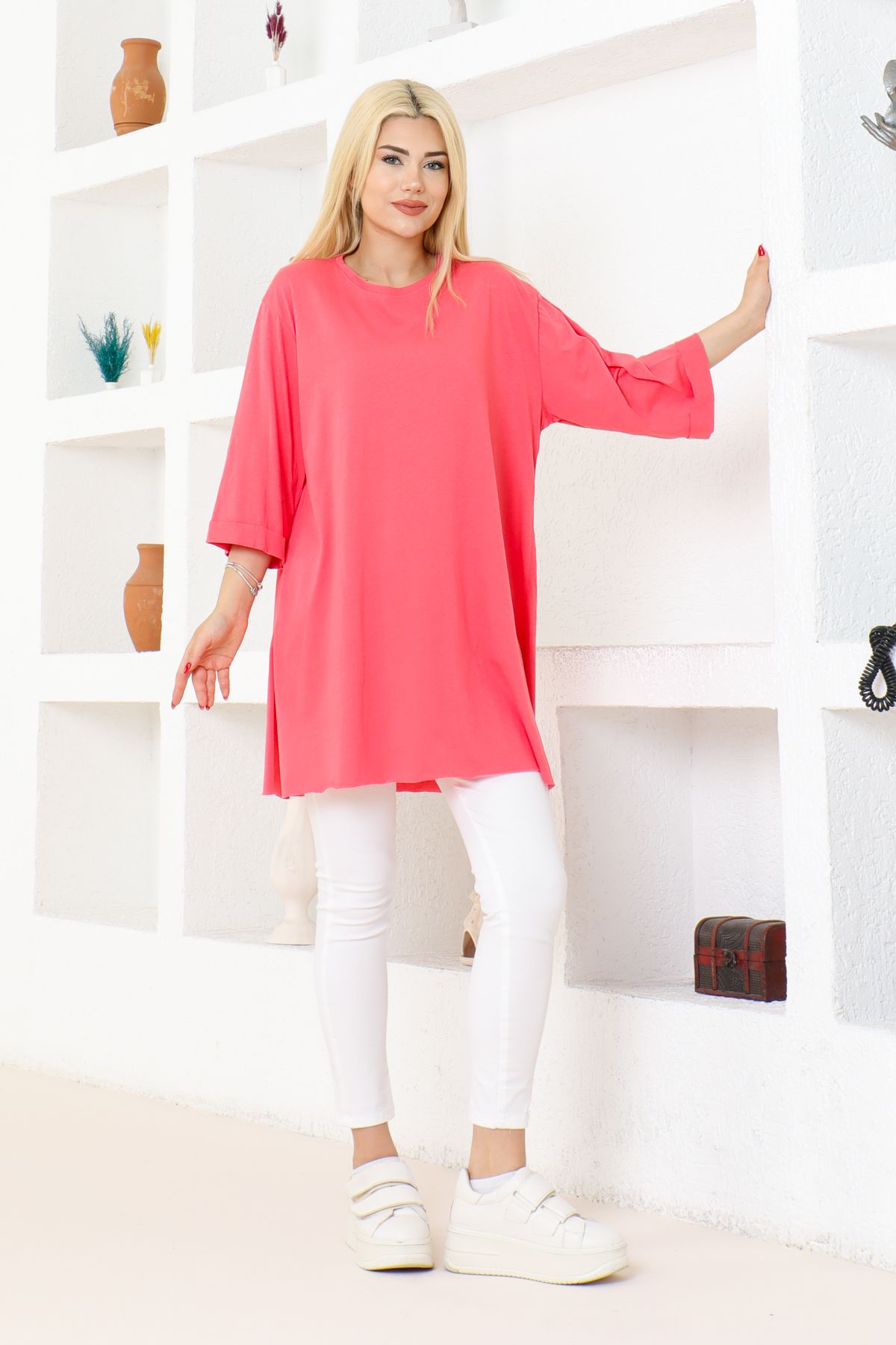 nacar çarşı Kadın Fuşya Oversize Tunik Tişört – Yarım Kollu, Yuvarlak Yaka, Rahat Kesim
