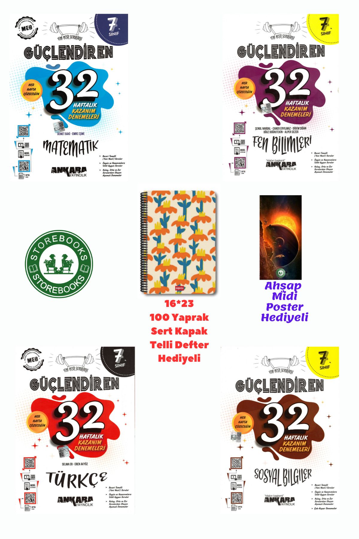 Ankara Yayıncılık 7. Sınıf Güçlendiren Mat+Fen+Türkçe+Sosyal 32 Haftalık Deneme Seti+Defter ve Ahşap Poster Hediyeli