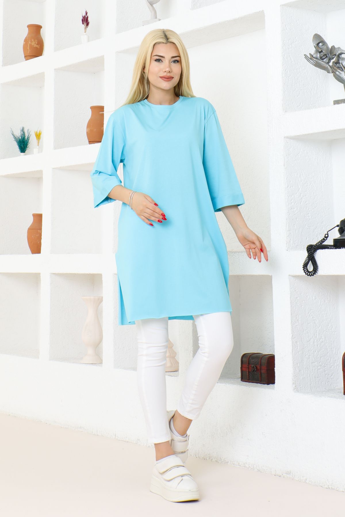 nacar çarşı Kadın Mavi Oversize Tunik Tişört – Yarım Kollu, Yuvarlak Yaka, Rahat Kesim