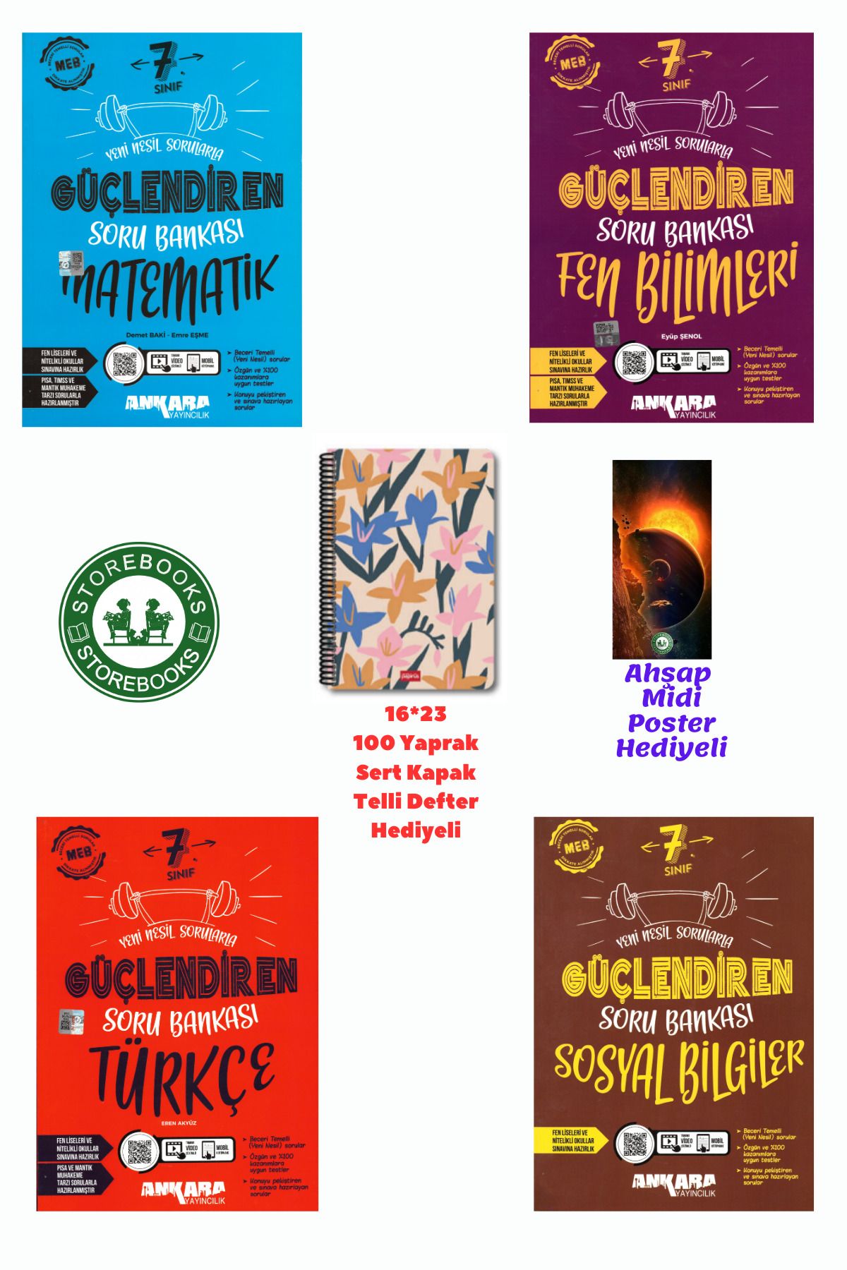 Ankara Yayıncılık 7. Sınıf Güçlendiren Matematik+Fen+Türkçe+Sosyal Soru Bankası Seti+Defter ve Ahşap Poster Hediyeli