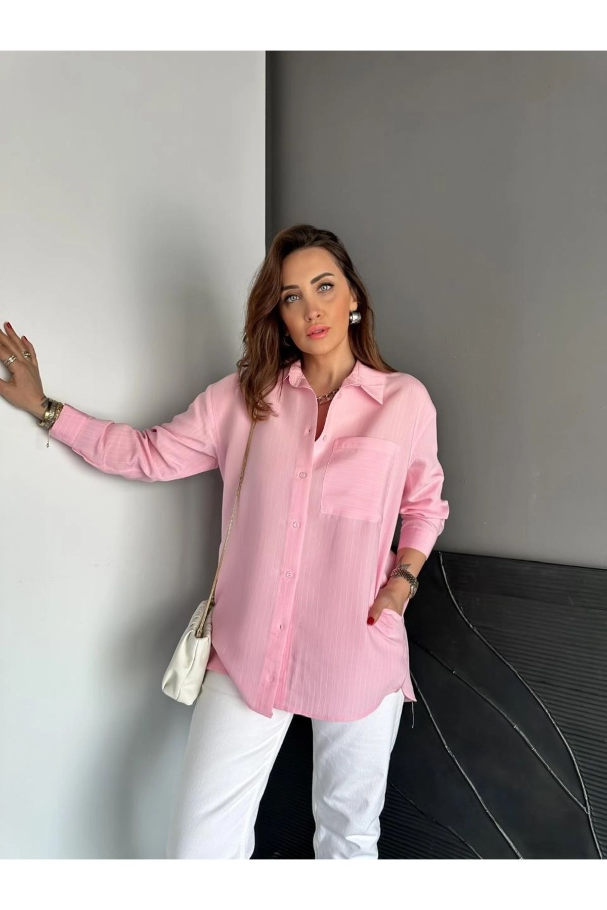 QİMYA BUTİK EGZOTİK ASORTİK Kadın Çizgili Yandan Cepli Oversize Tunik GÖMLEK