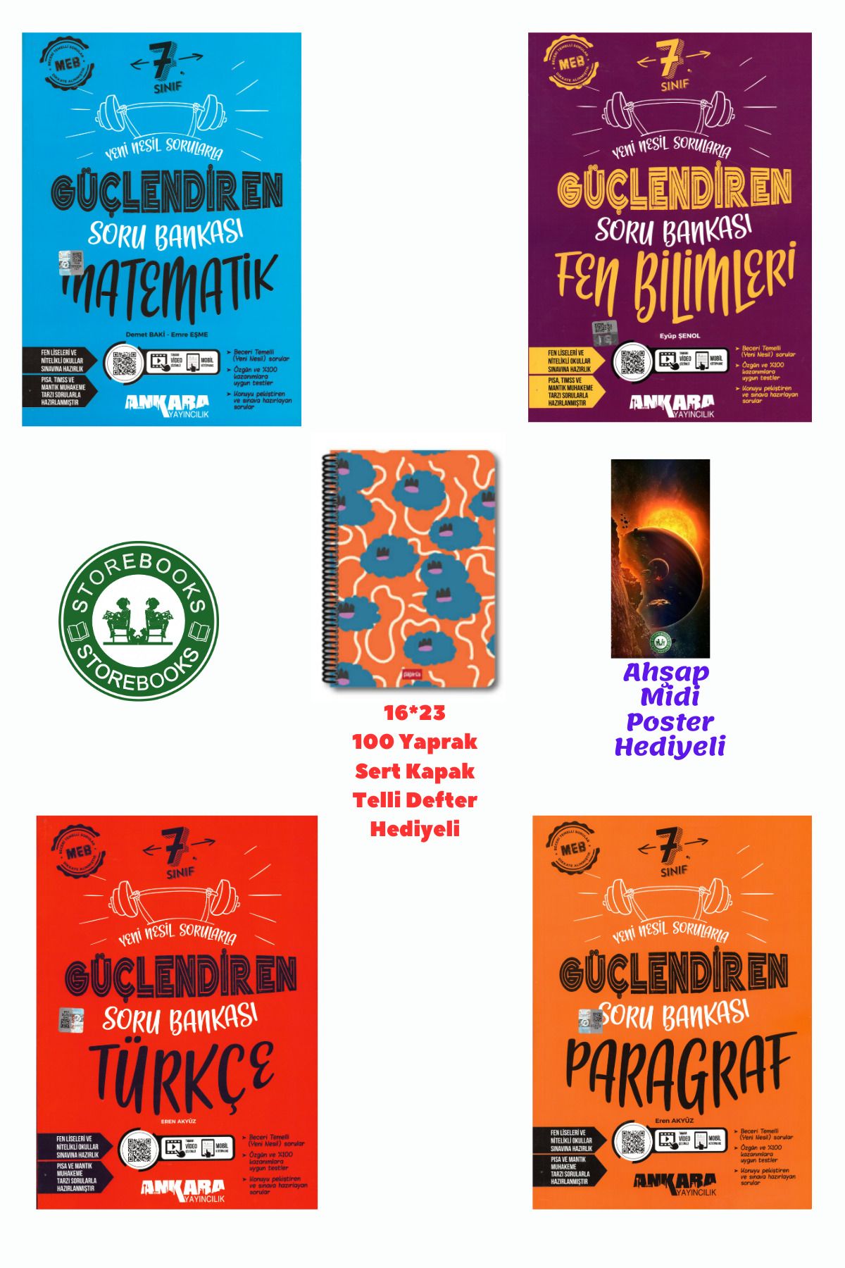 Ankara Yayıncılık 7. Sınıf Güçlendiren Matematik+Fen+Türkçe+Paragraf Soru Bankası Seti+Defter ve Ahşap Poster Hediyeli