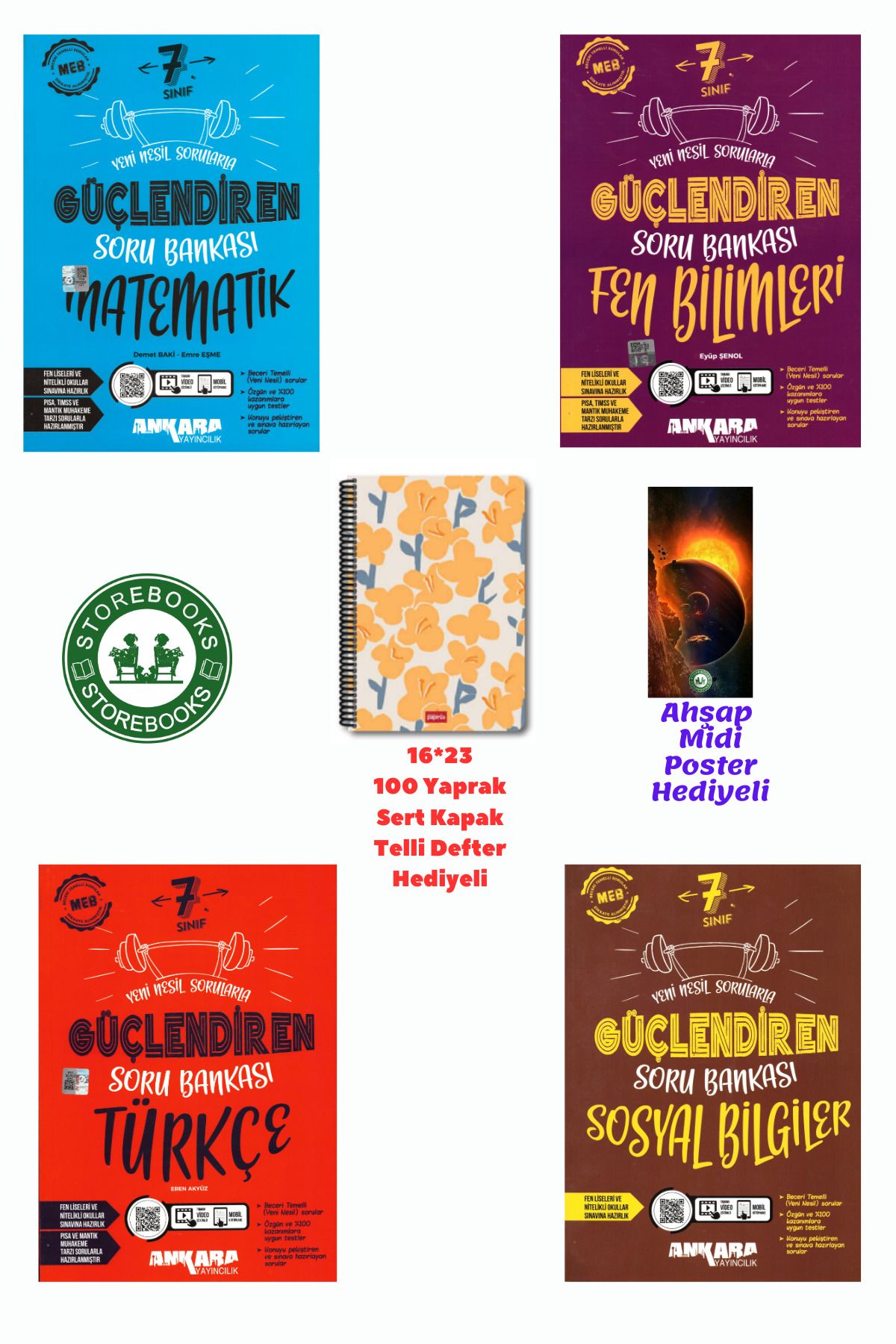Ankara Yayıncılık 7. Sınıf Güçlendiren Matematik+Fen+Türkçe+Sosyal Soru Bankası Seti+Defter ve Ahşap Poster Hediyeli
